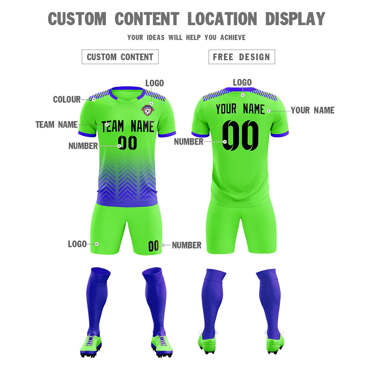 Custom Neon Green Royal Blue Printing Sportswear Soccer Sets Jersey