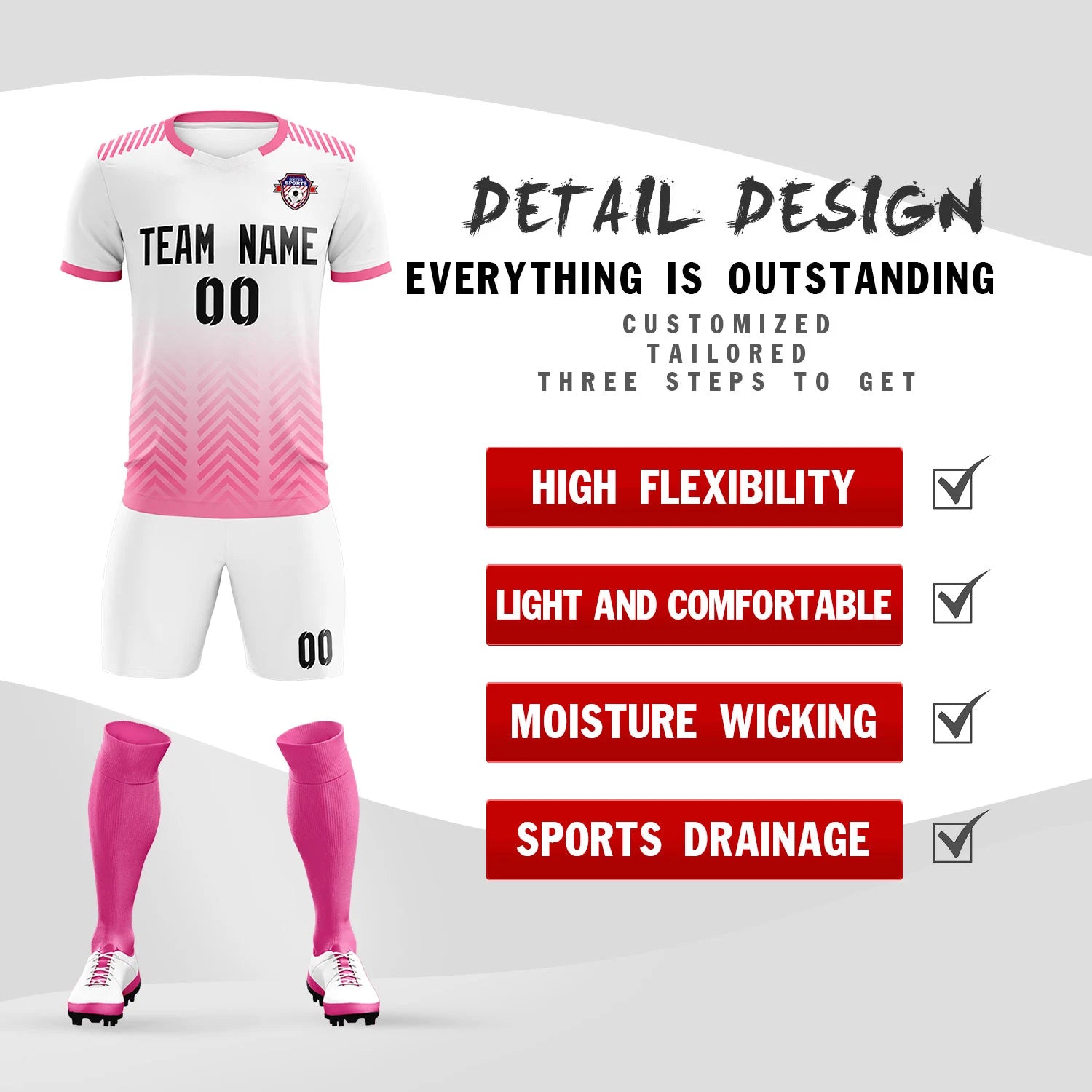 Custom White Pink Printing Sportswear Soccer Sets Jersey