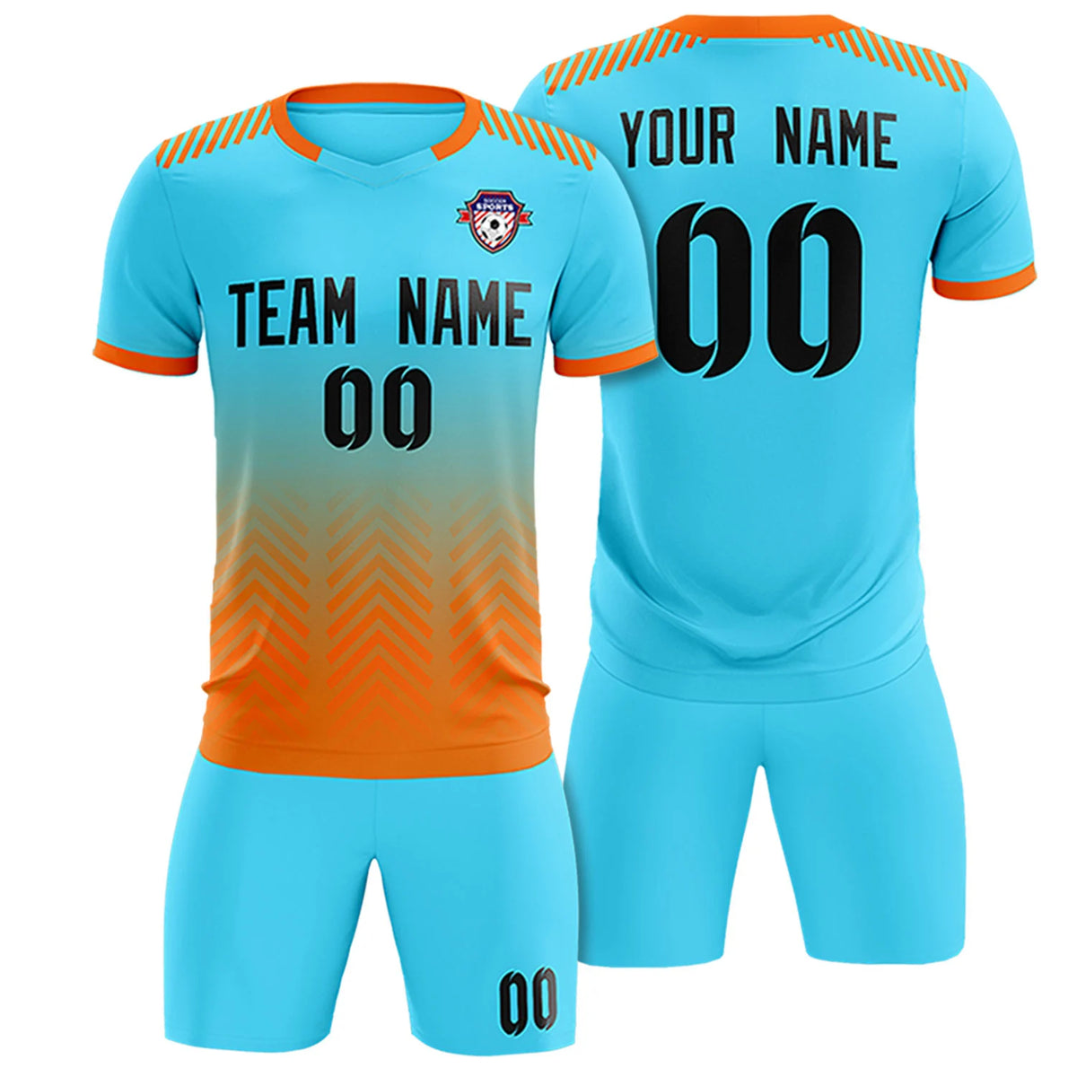 Custom Sky Blue Orange Printing Sportswear Soccer Sets Jersey