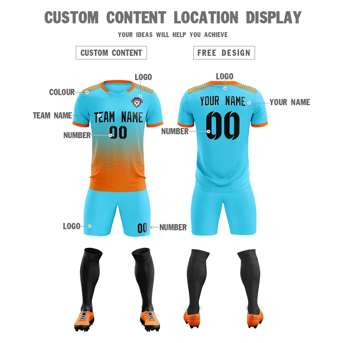 Custom Sky Blue Orange Printing Sportswear Soccer Sets Jersey
