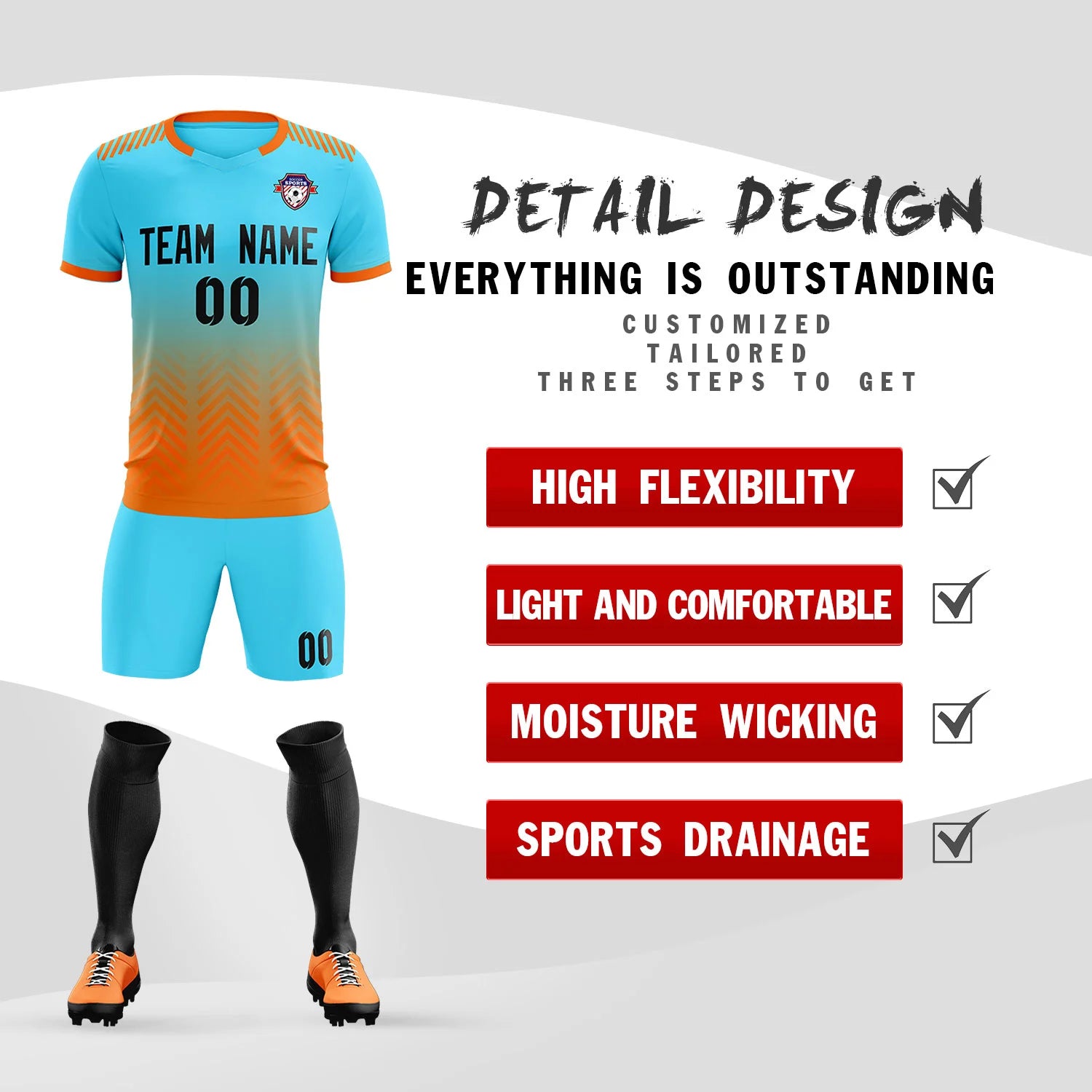 Custom Sky Blue Orange Printing Sportswear Soccer Sets Jersey