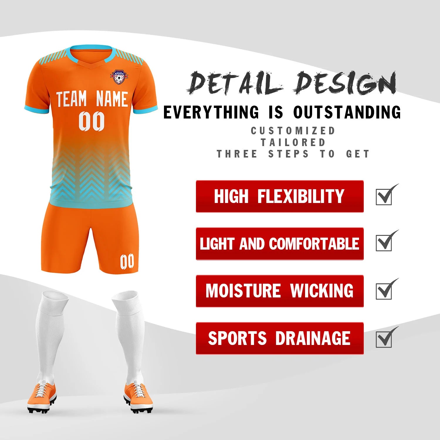 Custom Orange Sky Blue Printing Sportswear Soccer Sets Jersey