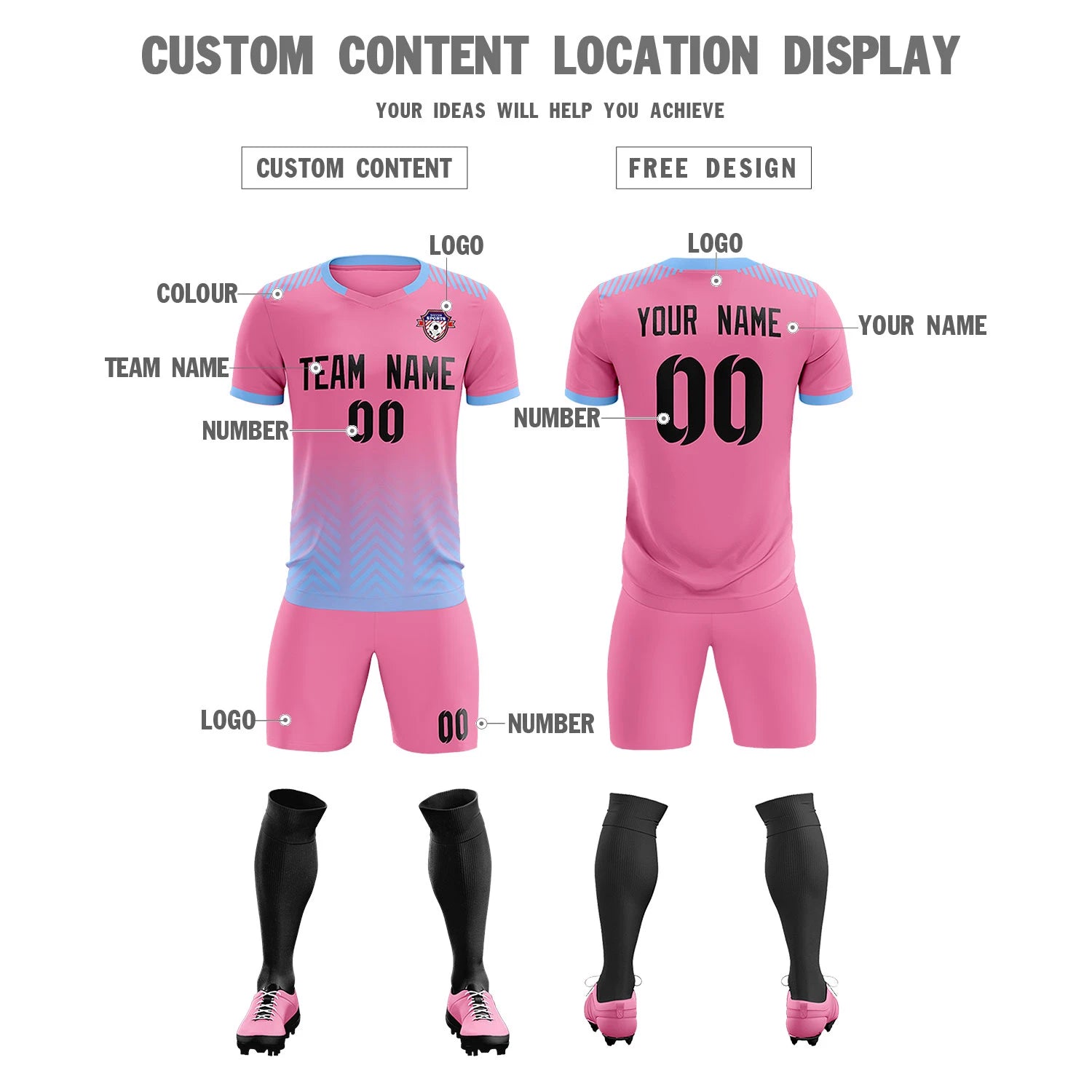 Custom Pink Light Blue Printing Sportswear Soccer Sets Jersey