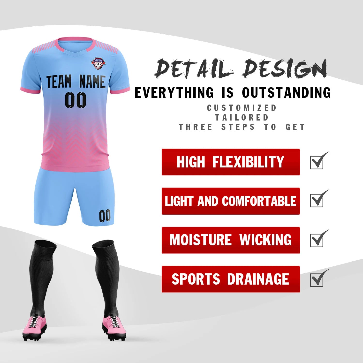 Custom Light Blue Pink Printing Sportswear Soccer Sets Jersey