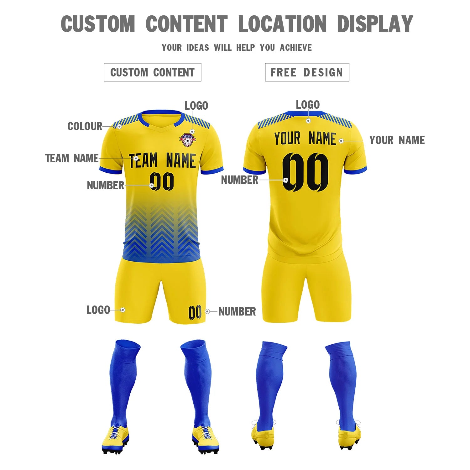 Custom Gold01 Royal Blue Printing Sportswear Soccer Sets Jersey