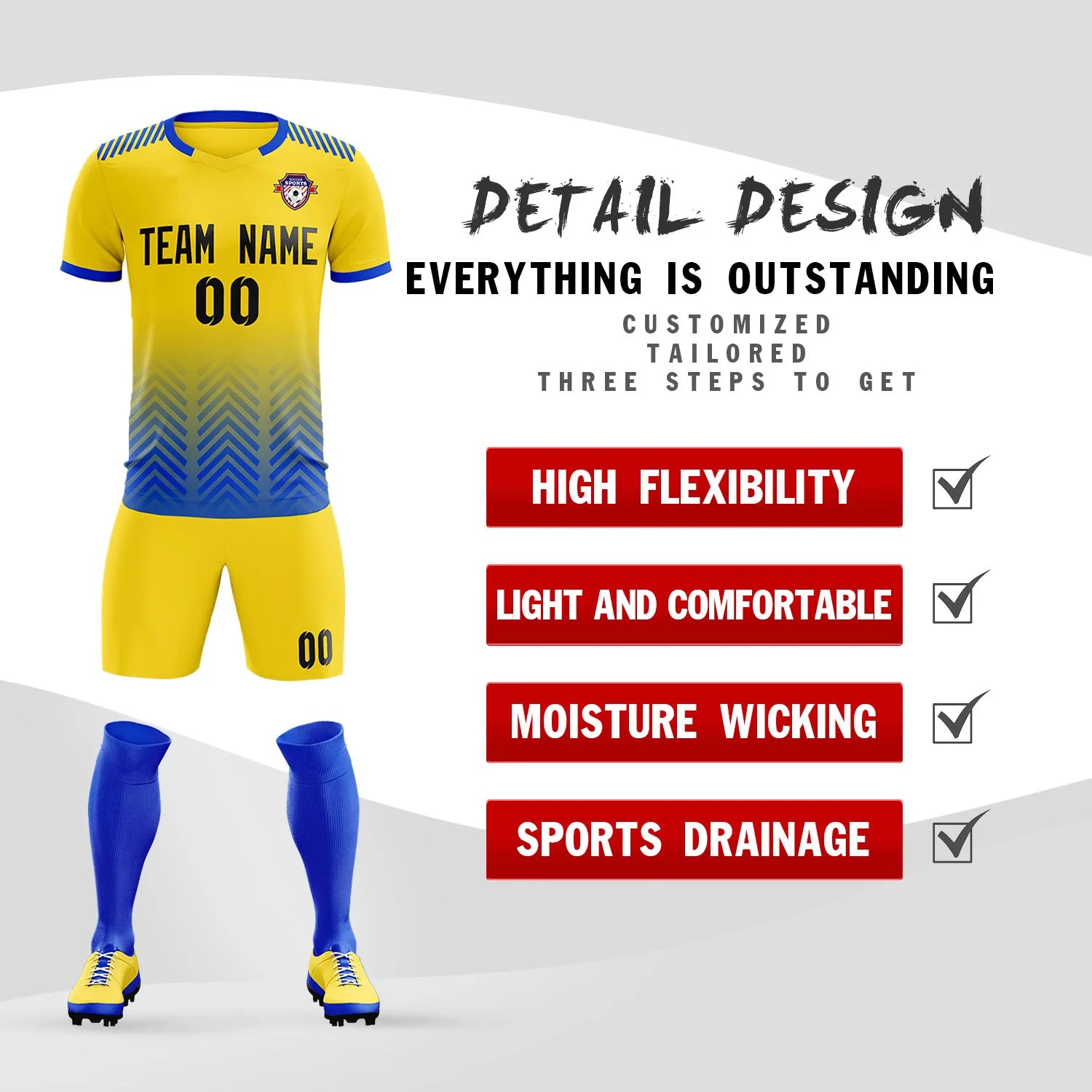 Custom Gold01 Royal Blue Printing Sportswear Soccer Sets Jersey