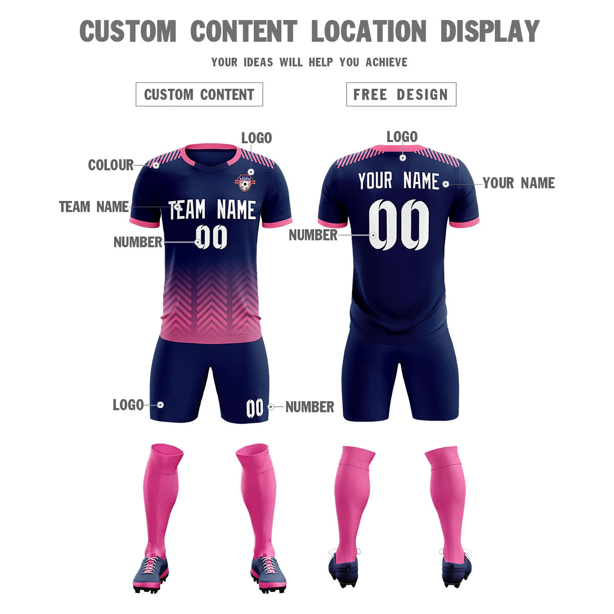 Custom Navy Pink Printing Sportswear Soccer Sets Jersey