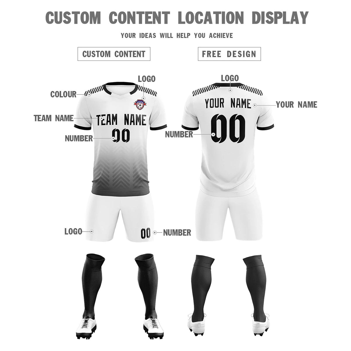 Custom White Black Printing Sportswear Soccer Sets Jersey