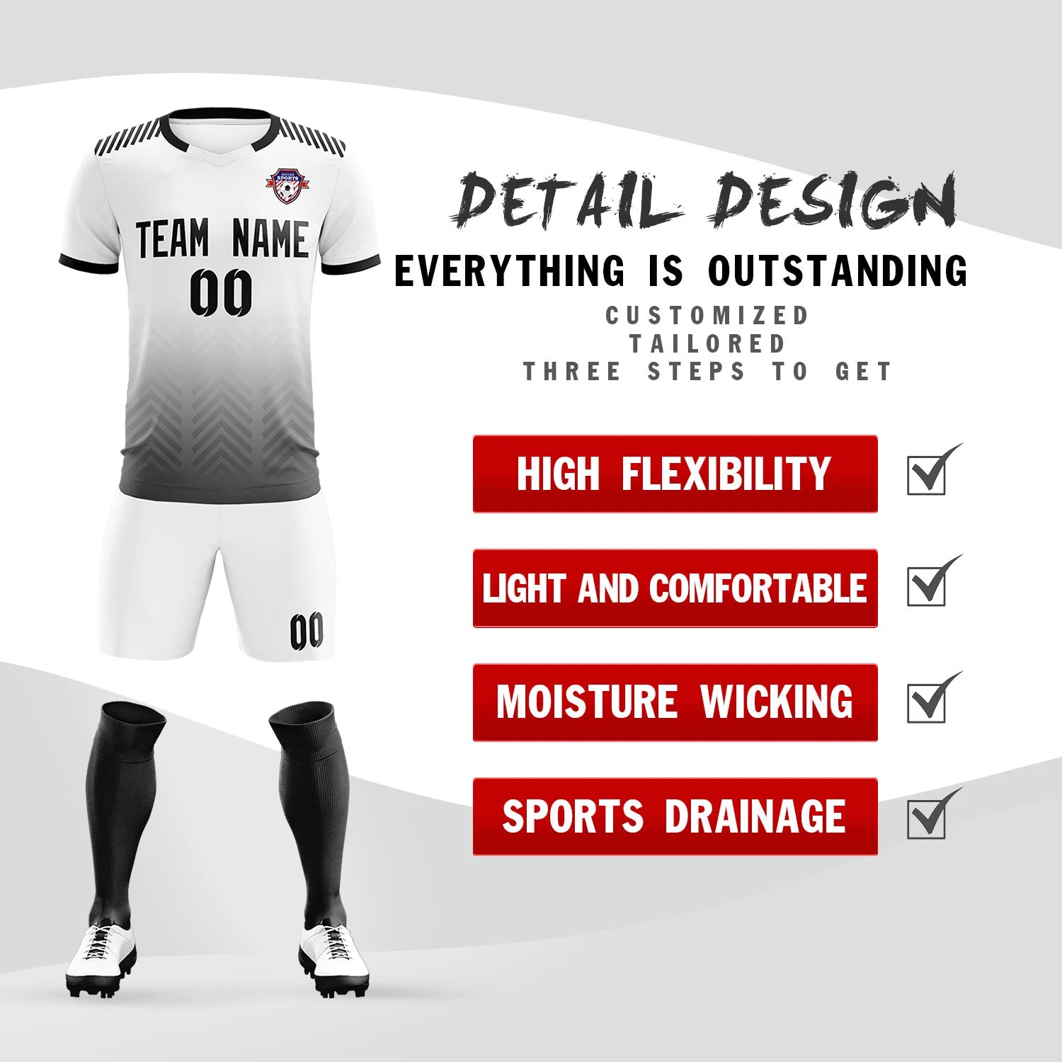 Custom White Black Printing Sportswear Soccer Sets Jersey