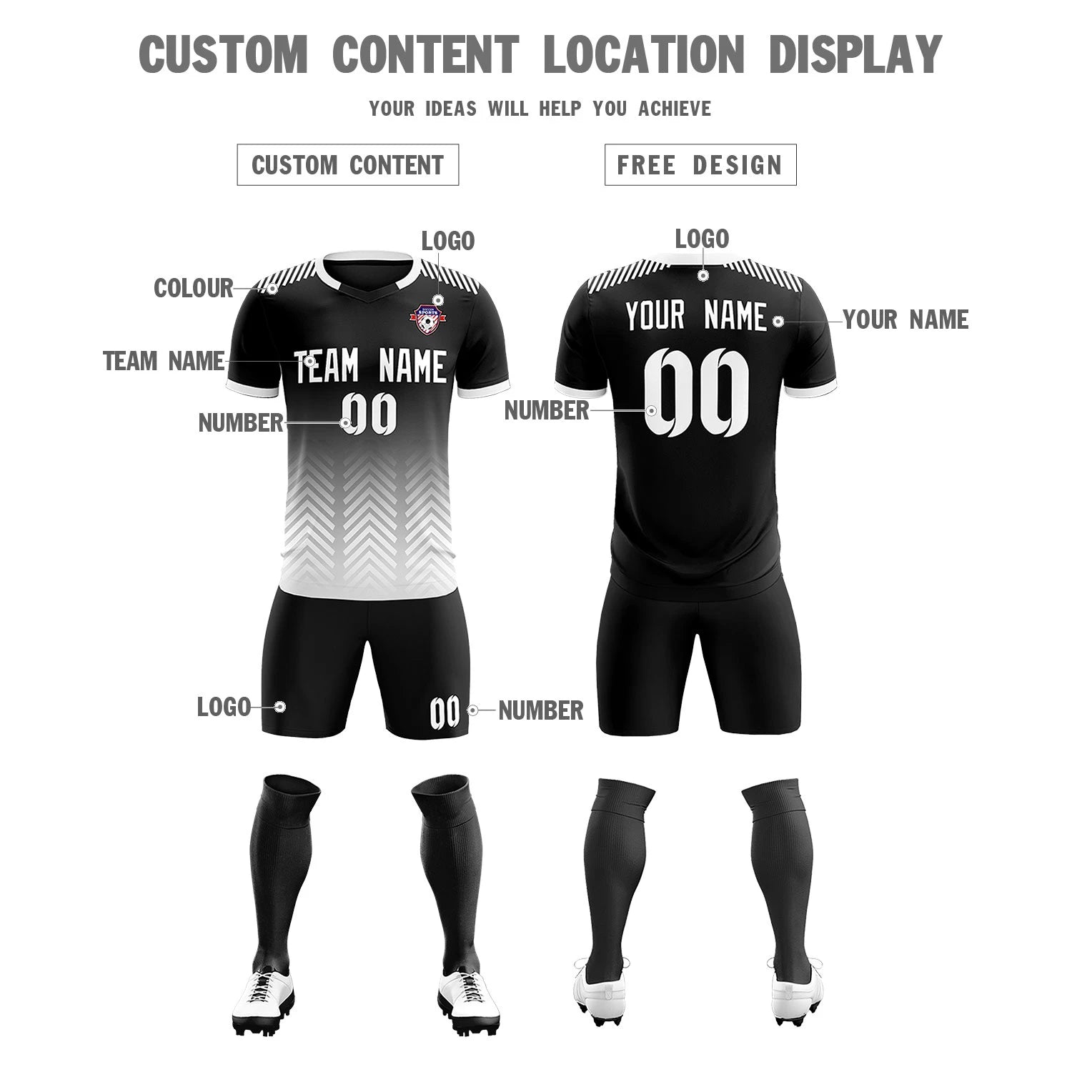 Custom Black White Printing Sportswear Soccer Sets Jersey