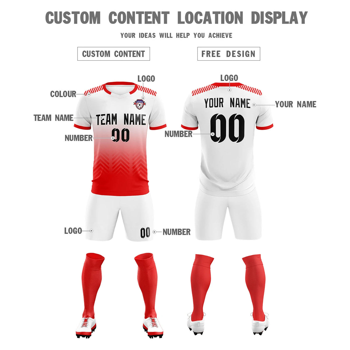 Custom White Red Printing Sportswear Soccer Sets Jersey