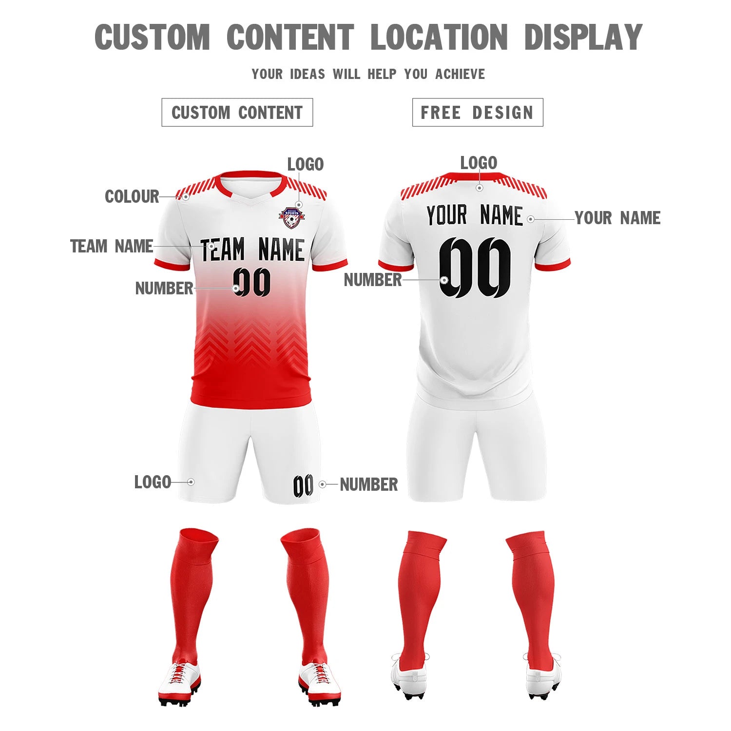Custom White Red Printing Sportswear Soccer Sets Jersey