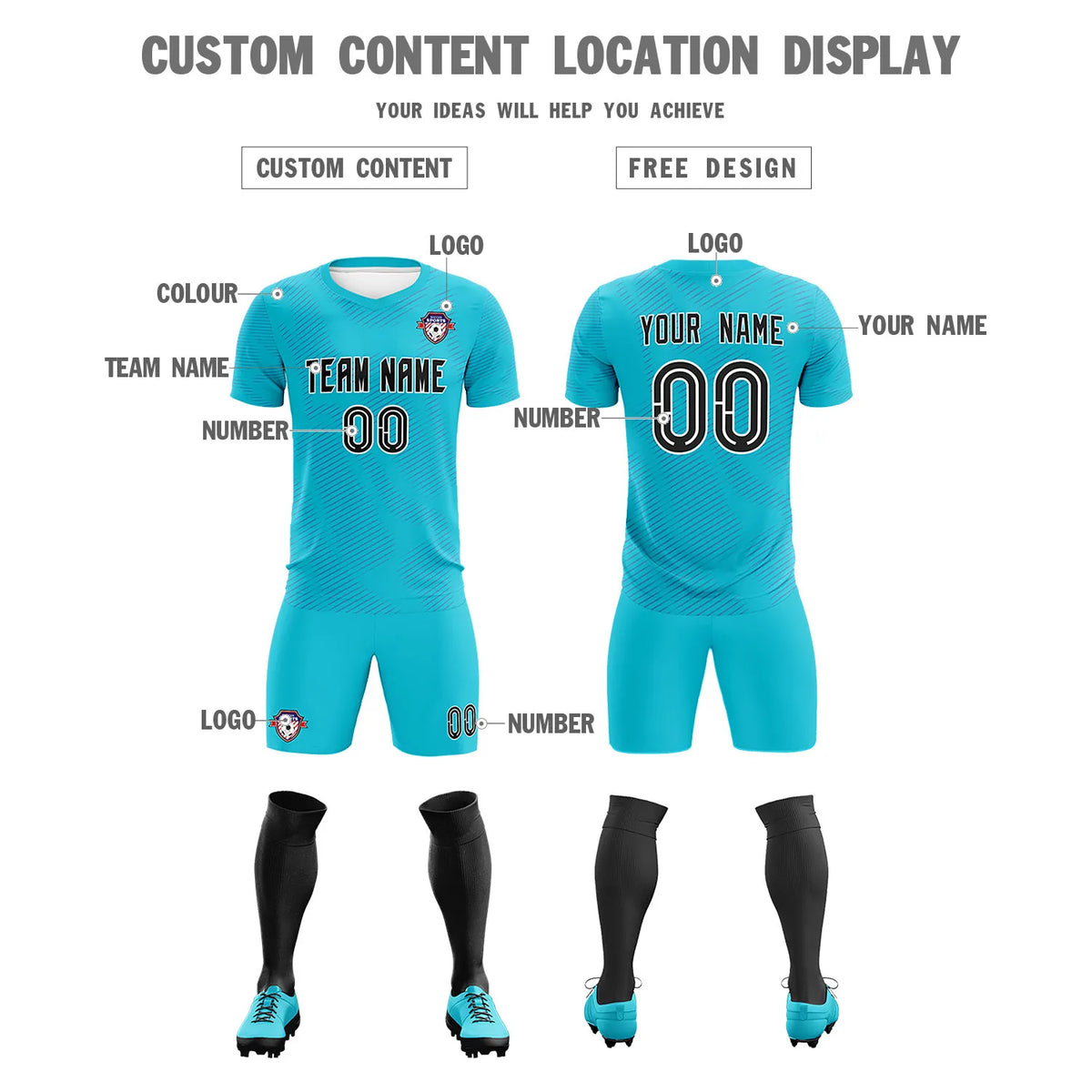 Custom Sky Blue Royal Blue Training Uniform For Men Soccer Sets Jersey