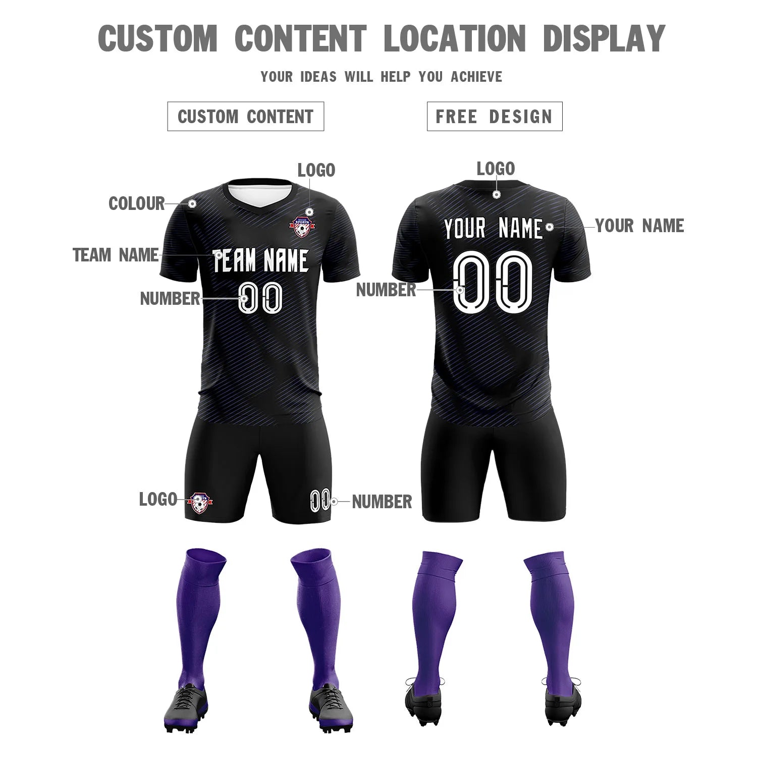 Custom Black Purple Training Uniform For Men Soccer Sets Jersey