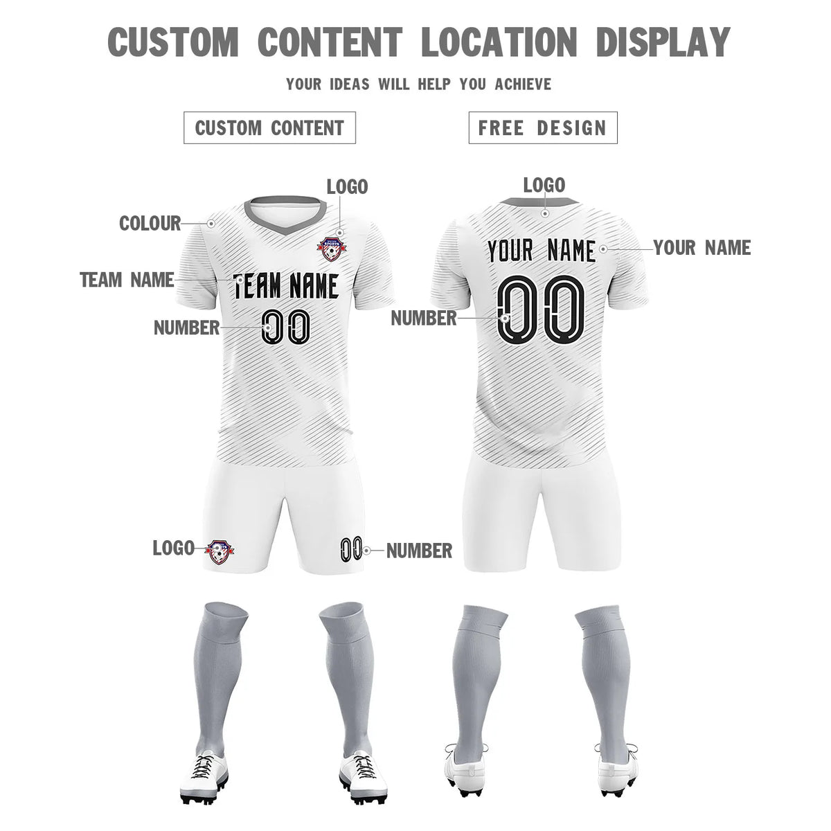 Custom White Gray Training Uniform For Men Soccer Sets Jersey