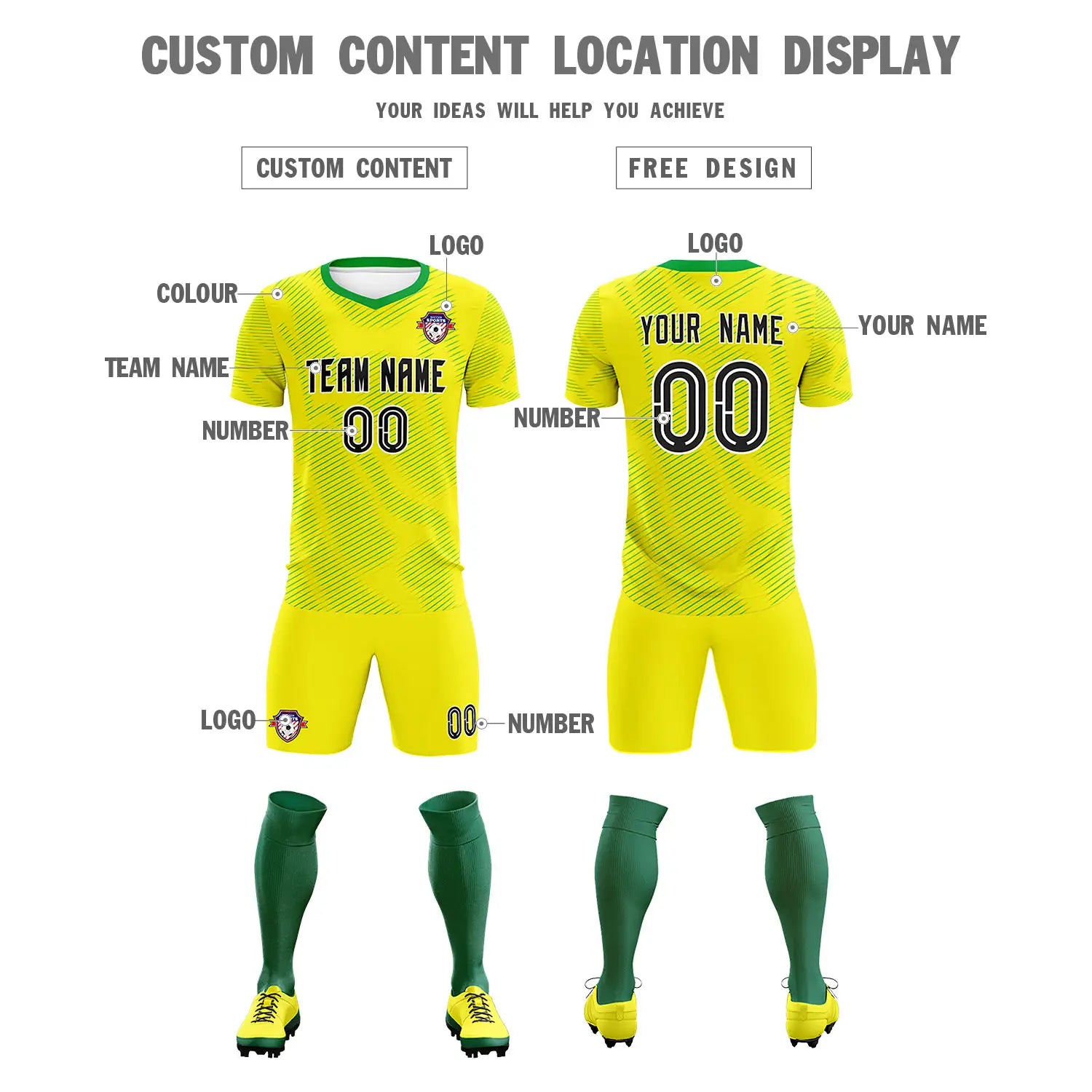 Custom Yellow Kelly Green Training Uniform For Men Soccer Sets Jersey