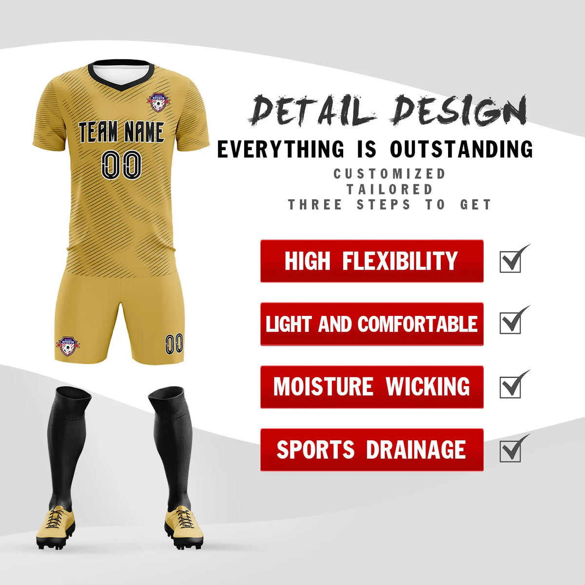 Custom Old Gold Black Training Uniform For Men Soccer Sets Jersey