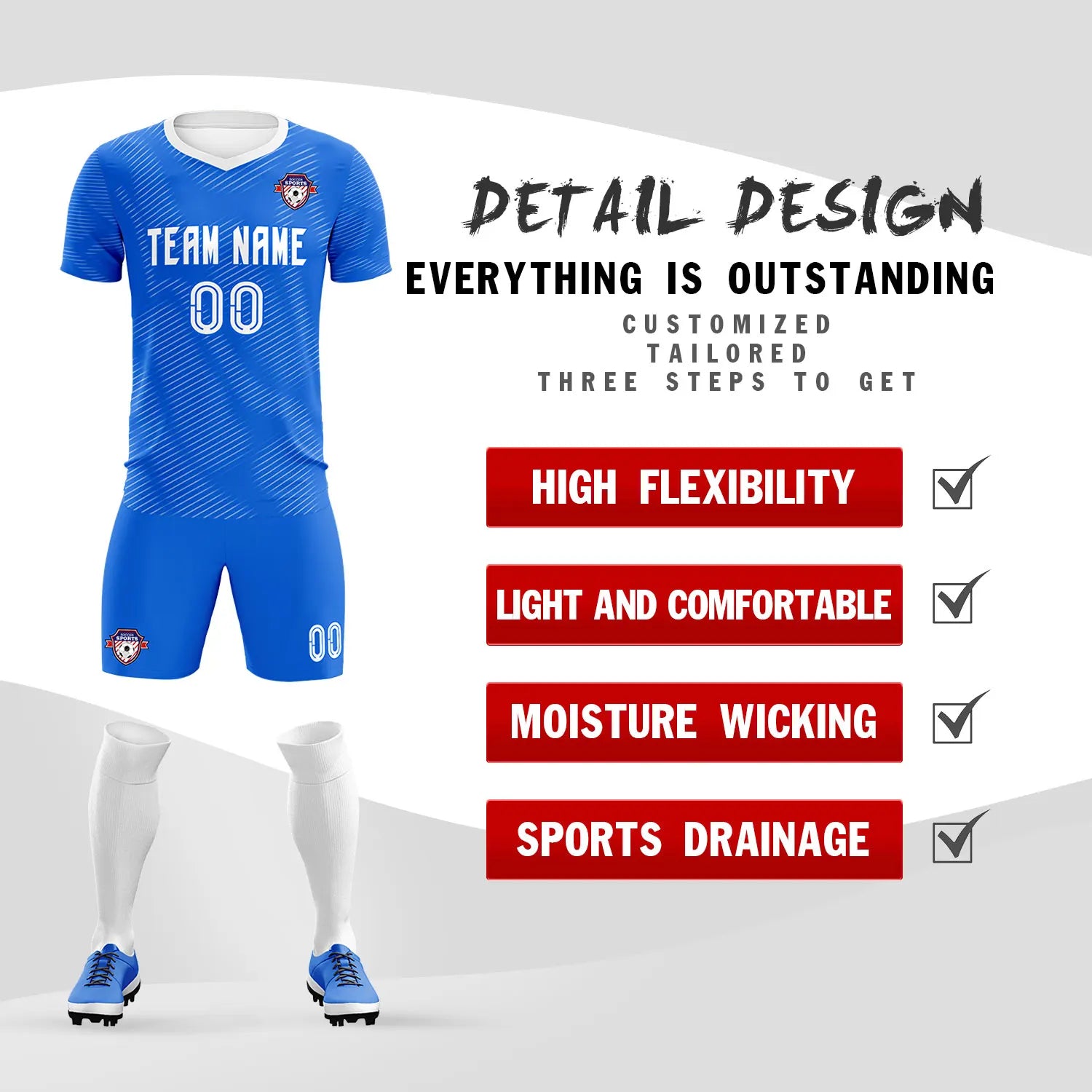 Custom Blue White Training Uniform For Men Soccer Sets Jersey