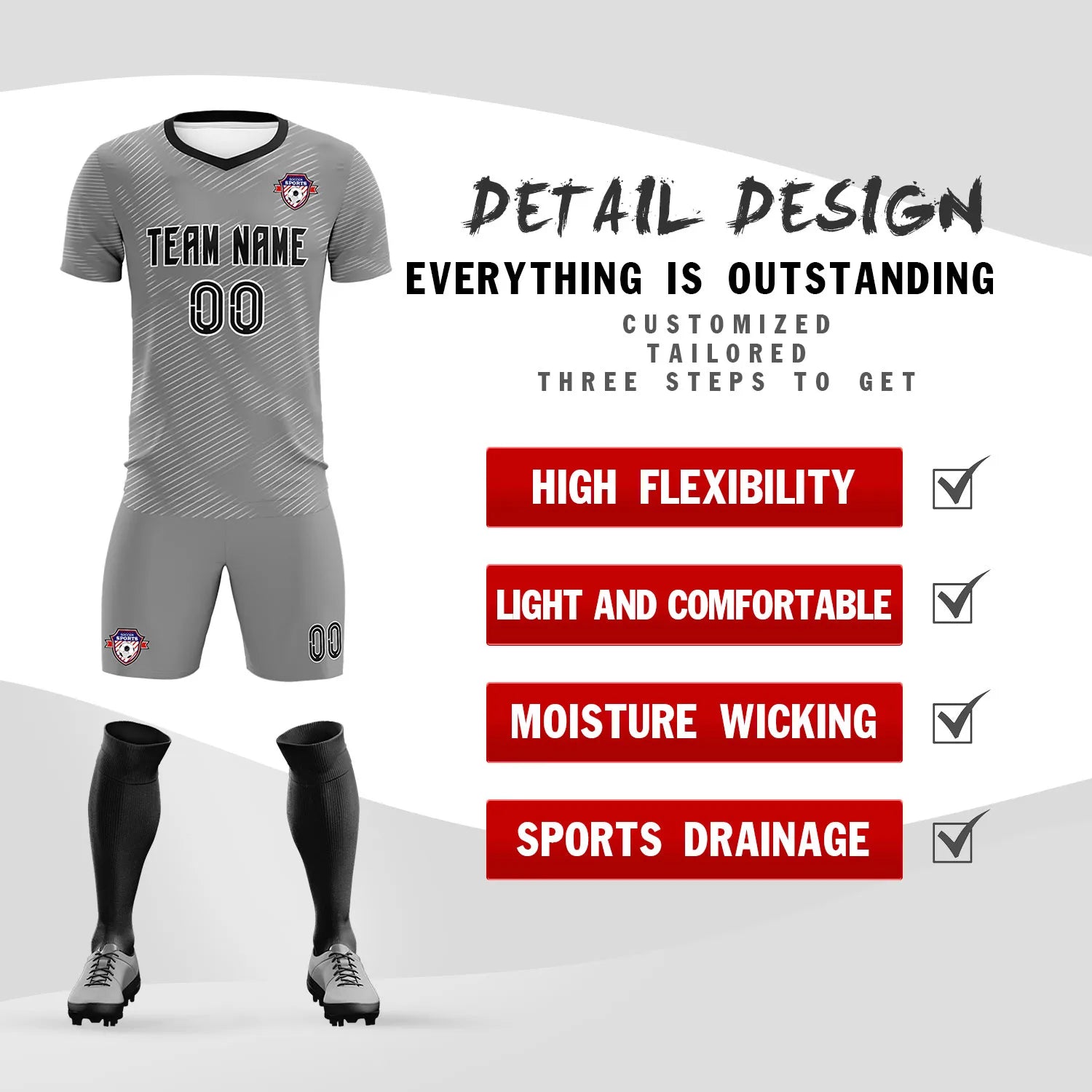 Custom Gray White Training Uniform For Men Soccer Sets Jersey