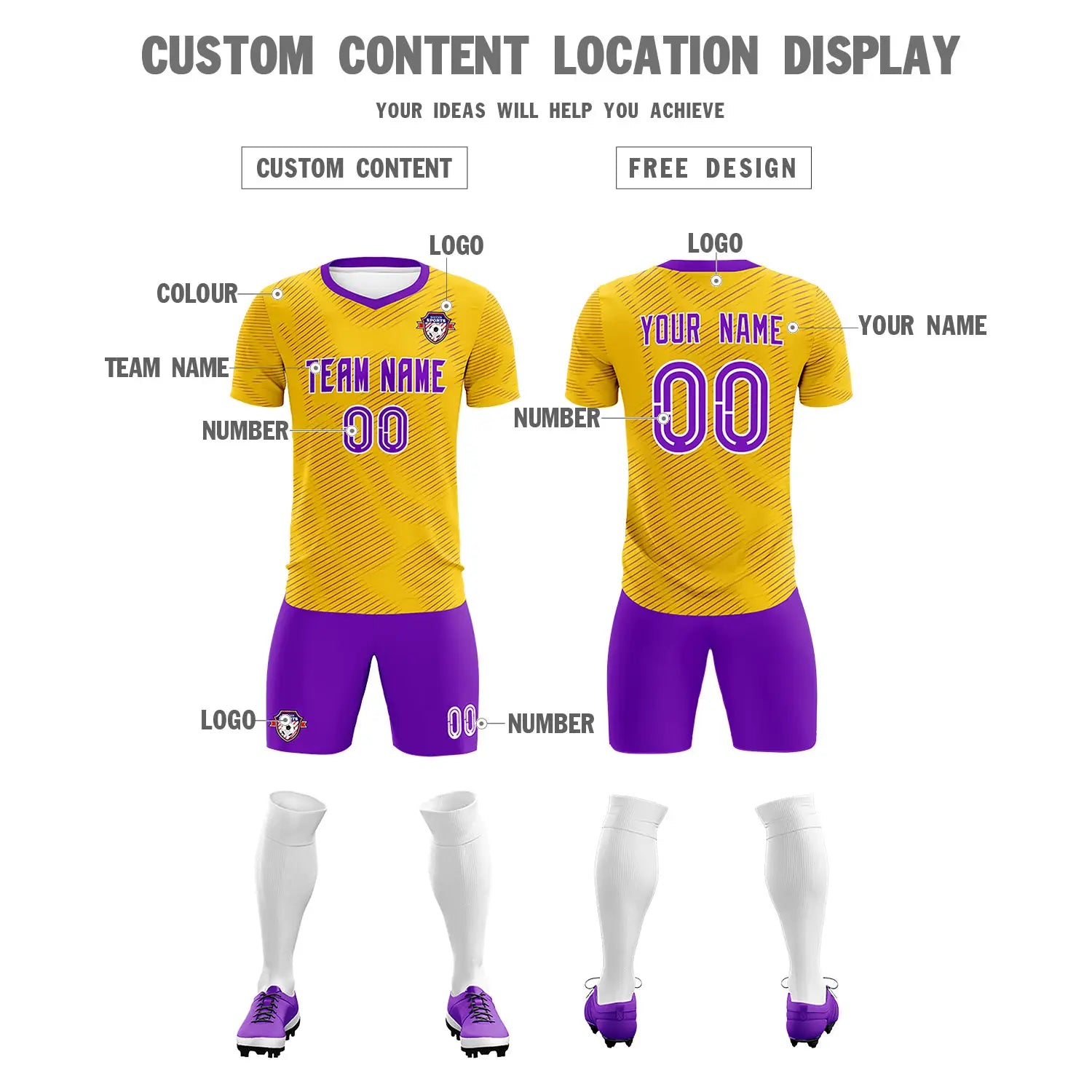 Custom Yellow Purple Training Uniform For Men Soccer Sets Jersey