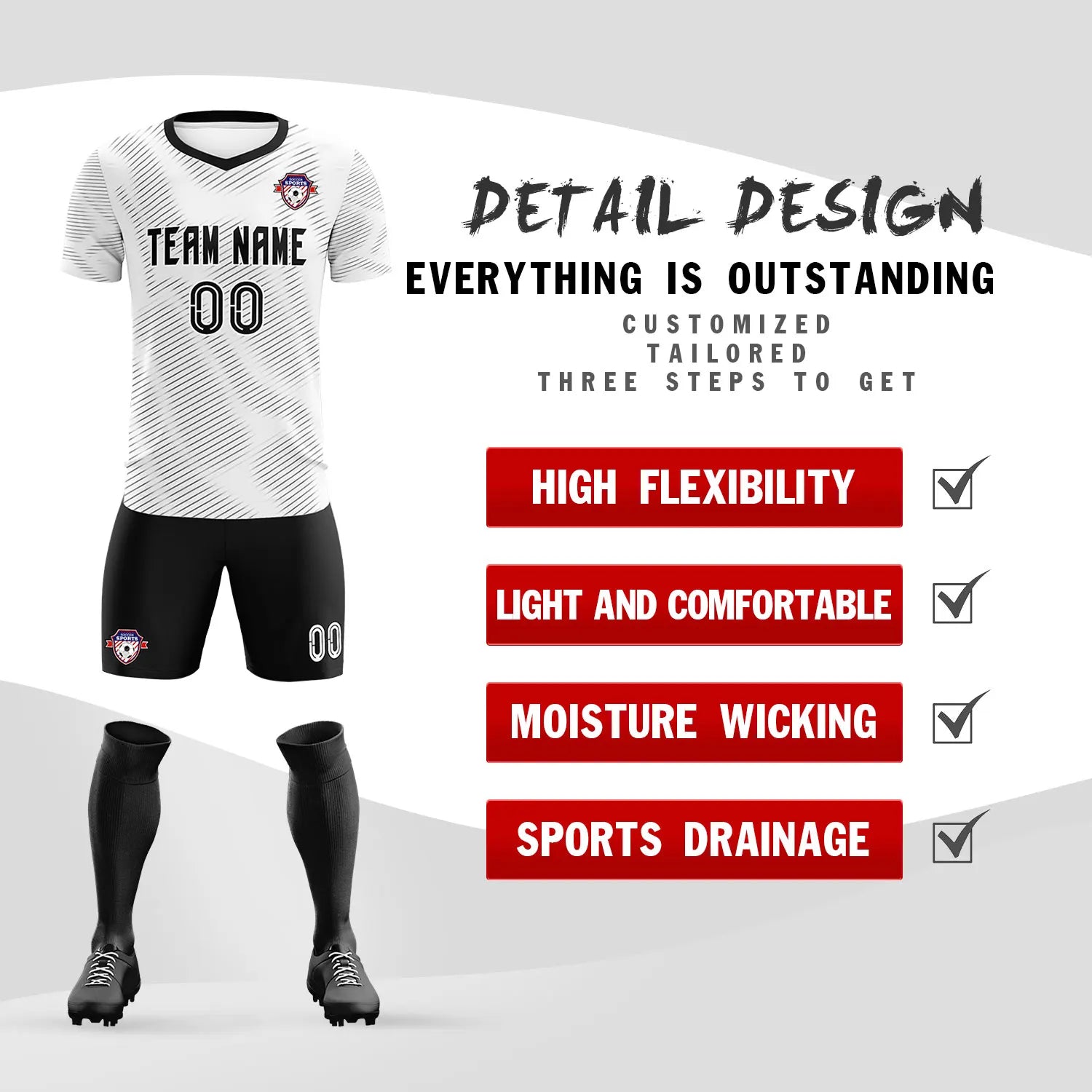 Custom White Black Training Uniform For Men Soccer Sets Jersey