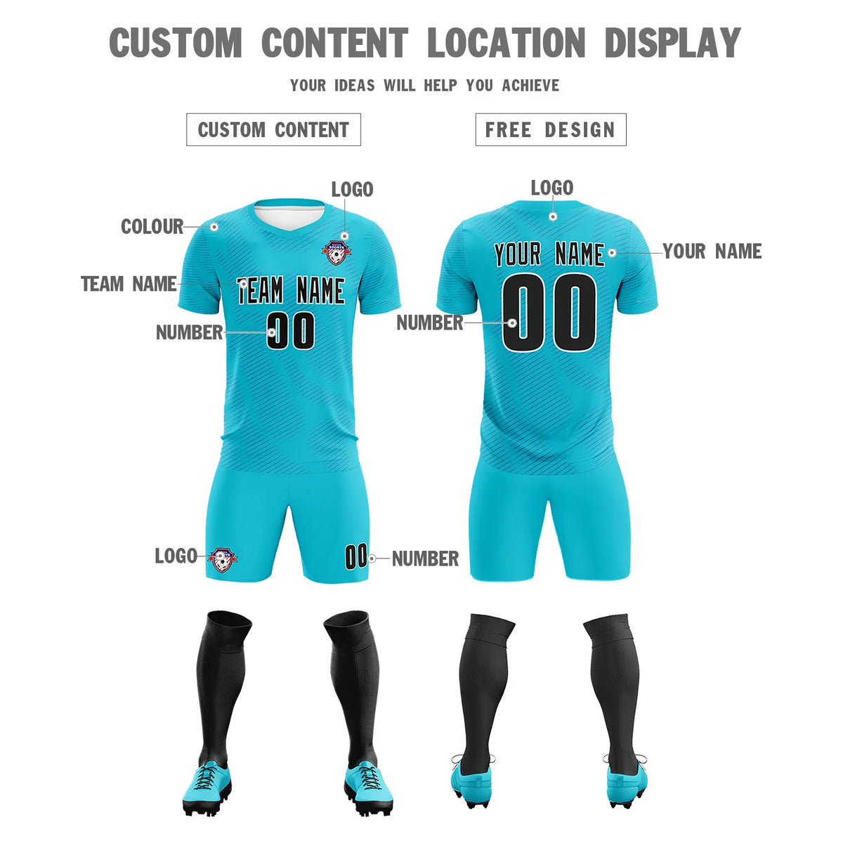 Custom Sky Blue Royal Blue Training Uniform For Men Soccer Sets Jersey