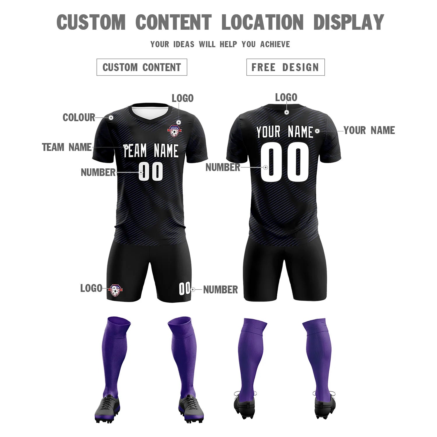 Custom Black Purple Training Uniform For Men Soccer Sets Jersey