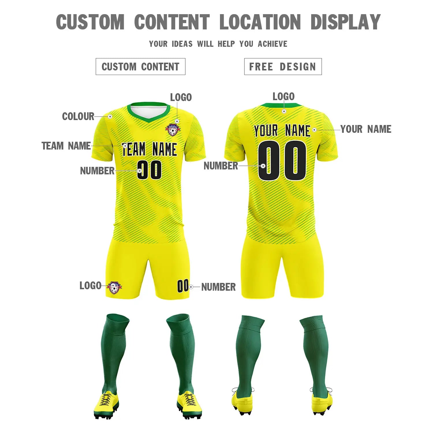 Custom Yellow Kelly Green Training Uniform For Men Soccer Sets Jersey