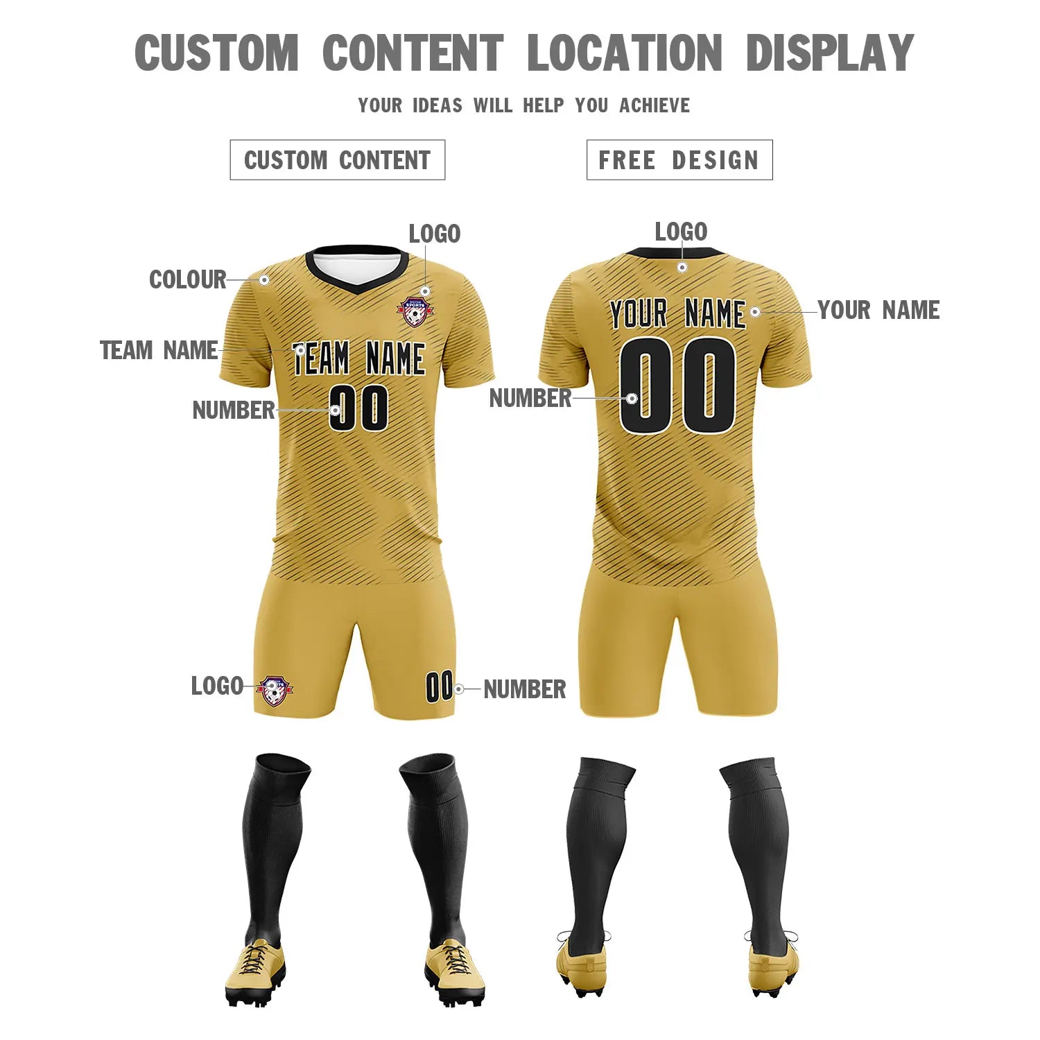 Custom Old Gold Black Training Uniform For Men Soccer Sets Jersey