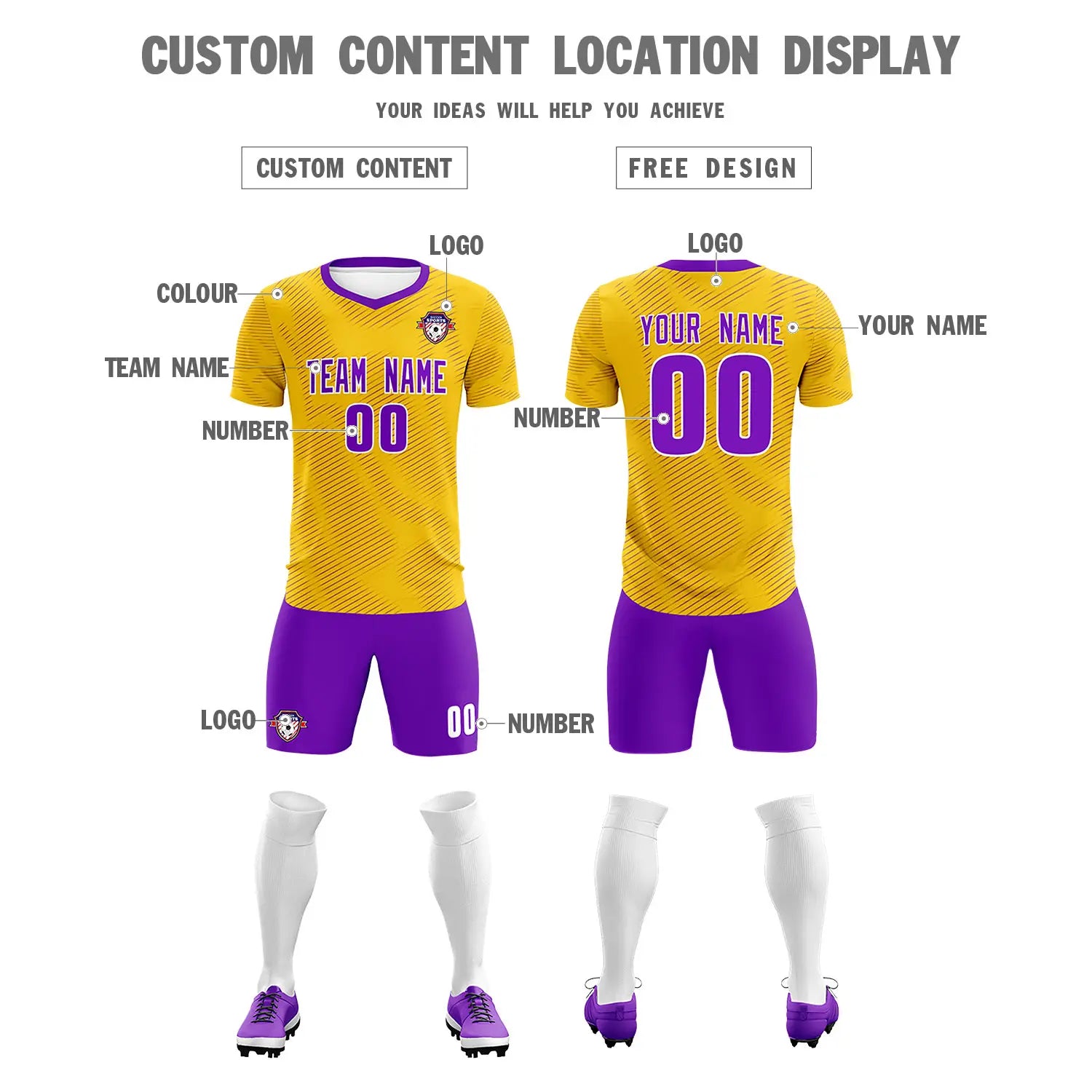 Custom Yellow Purple Training Uniform For Men Soccer Sets Jersey