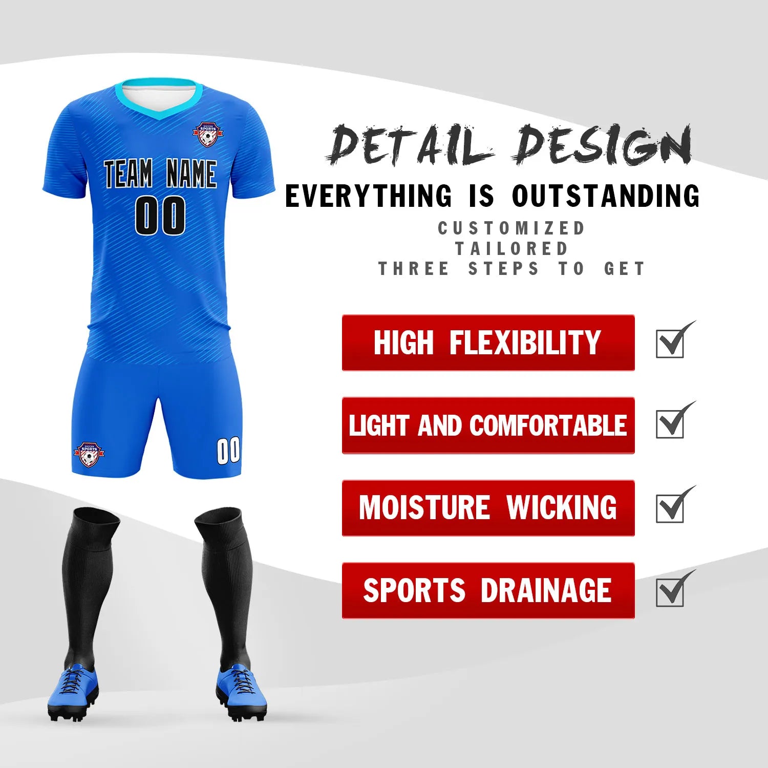 Custom Royal Blue Powder Blue Training Uniform For Men Soccer Sets Jersey