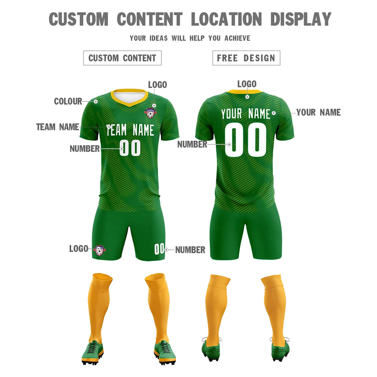 Custom Kelly Green Yellow Training Uniform For Men Soccer Sets Jersey