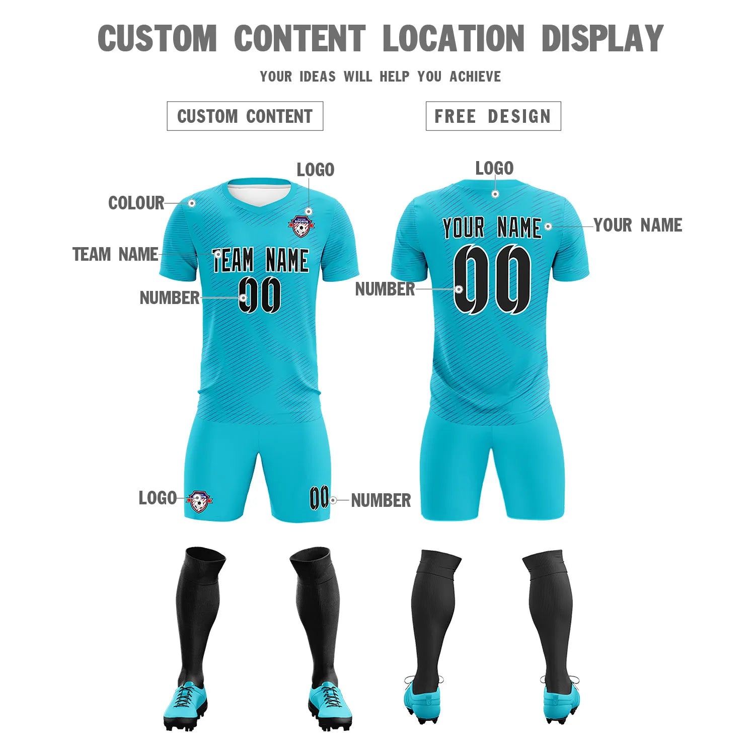 Custom Sky Blue Royal Blue Training Uniform For Men Soccer Sets Jersey