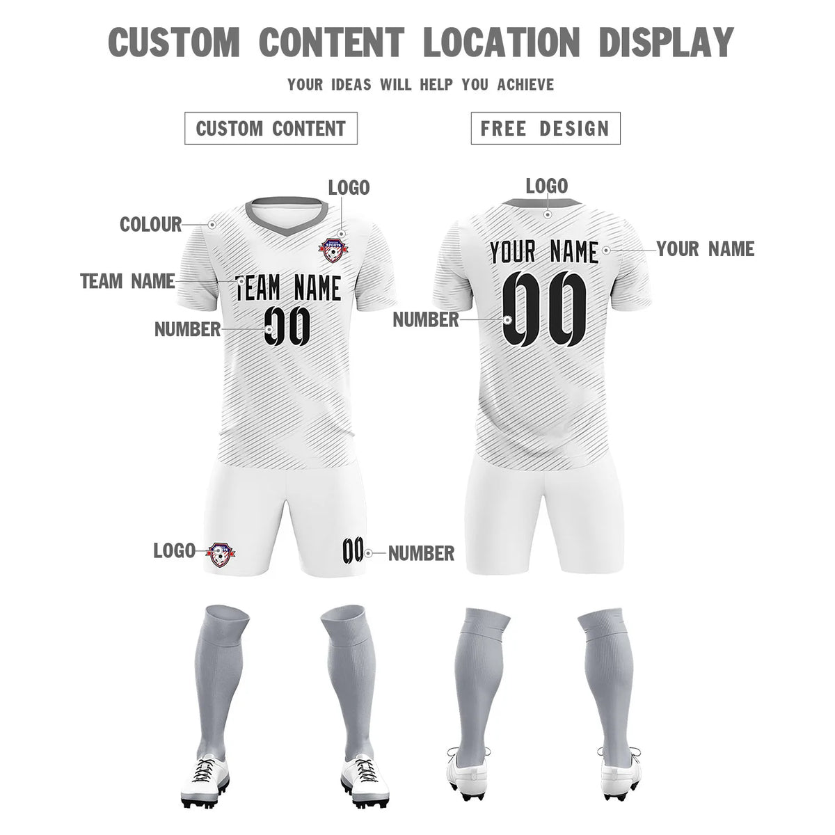 Custom White Gray Training Uniform For Men Soccer Sets Jersey