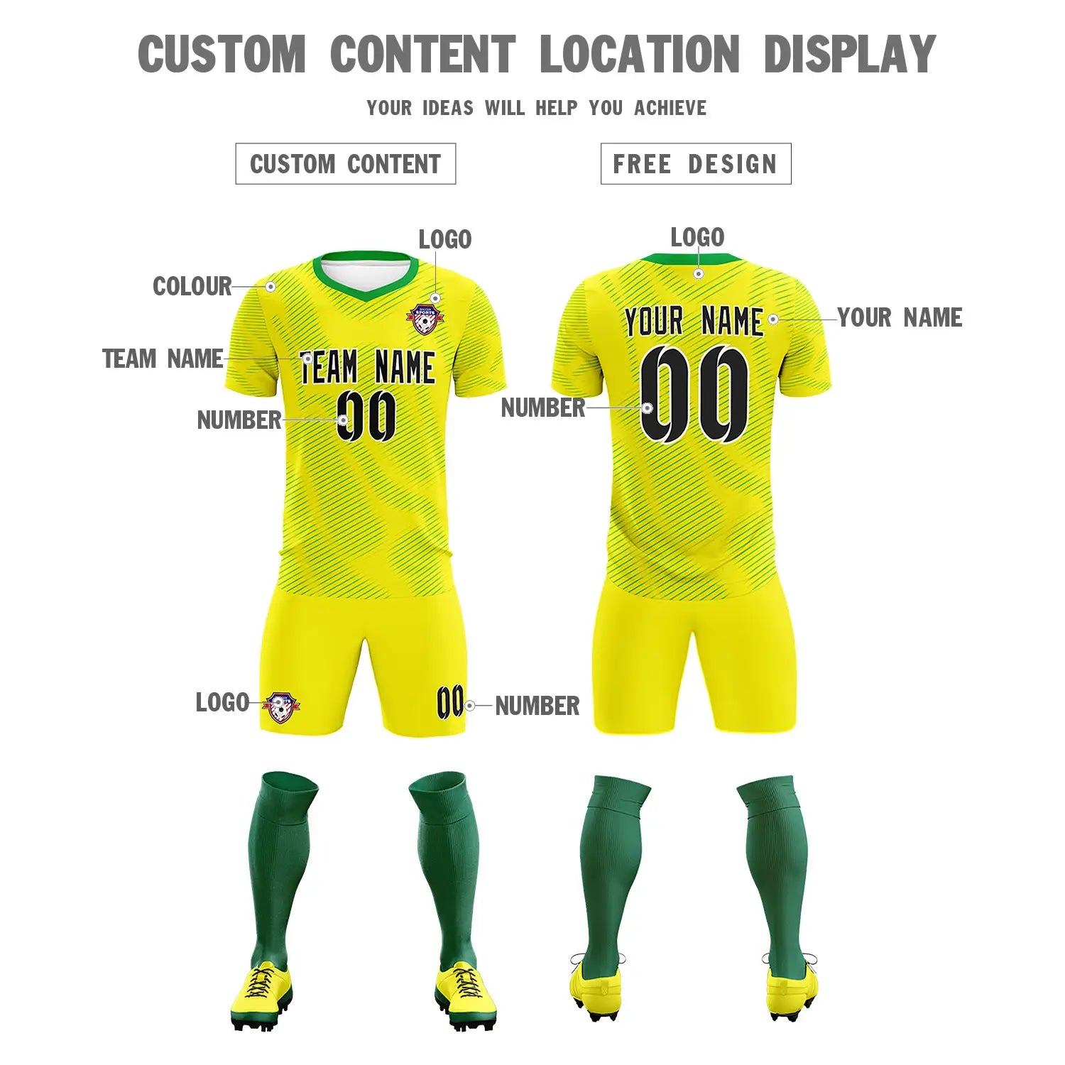 Custom Yellow Kelly Green Training Uniform For Men Soccer Sets Jersey