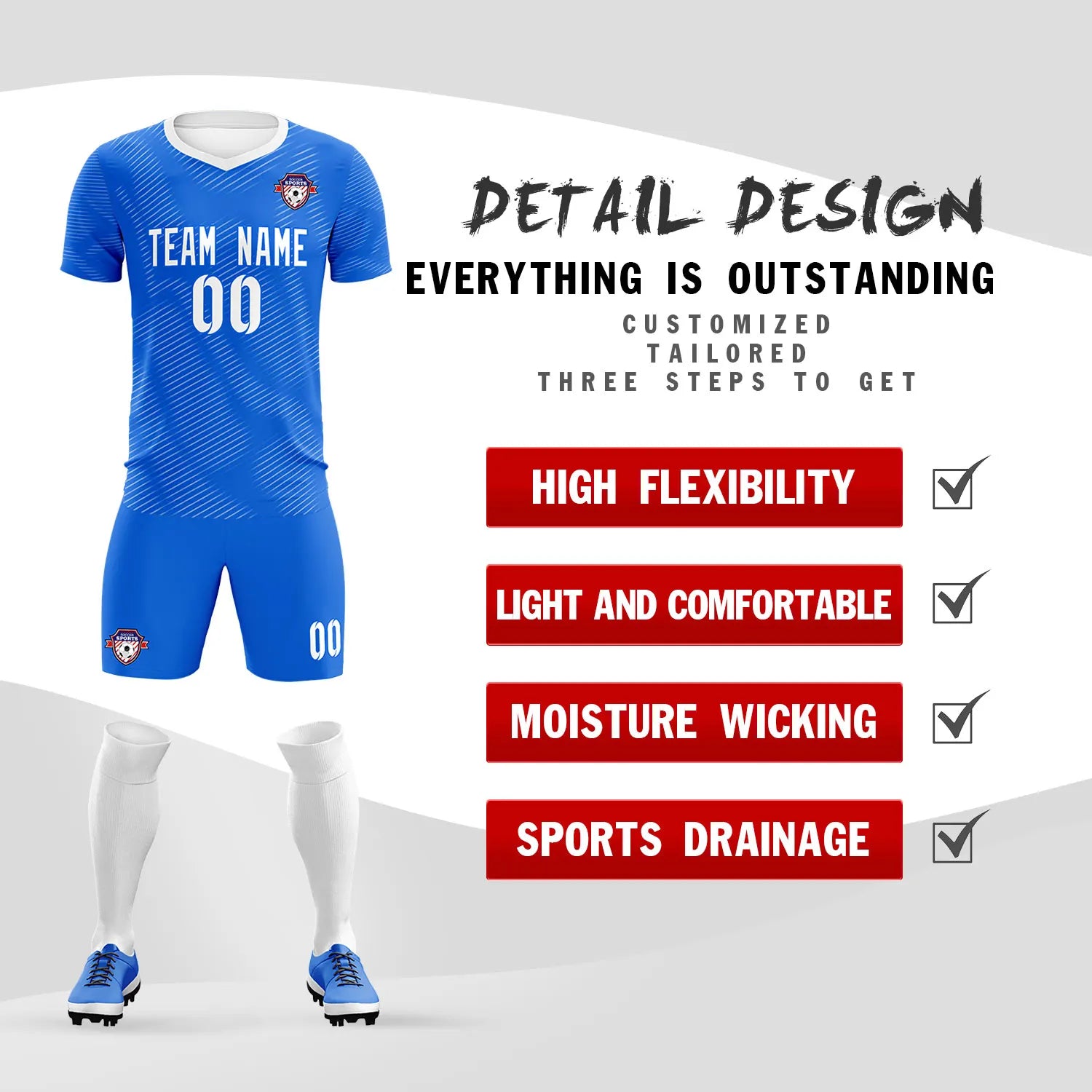 Custom Blue White Training Uniform For Men Soccer Sets Jersey