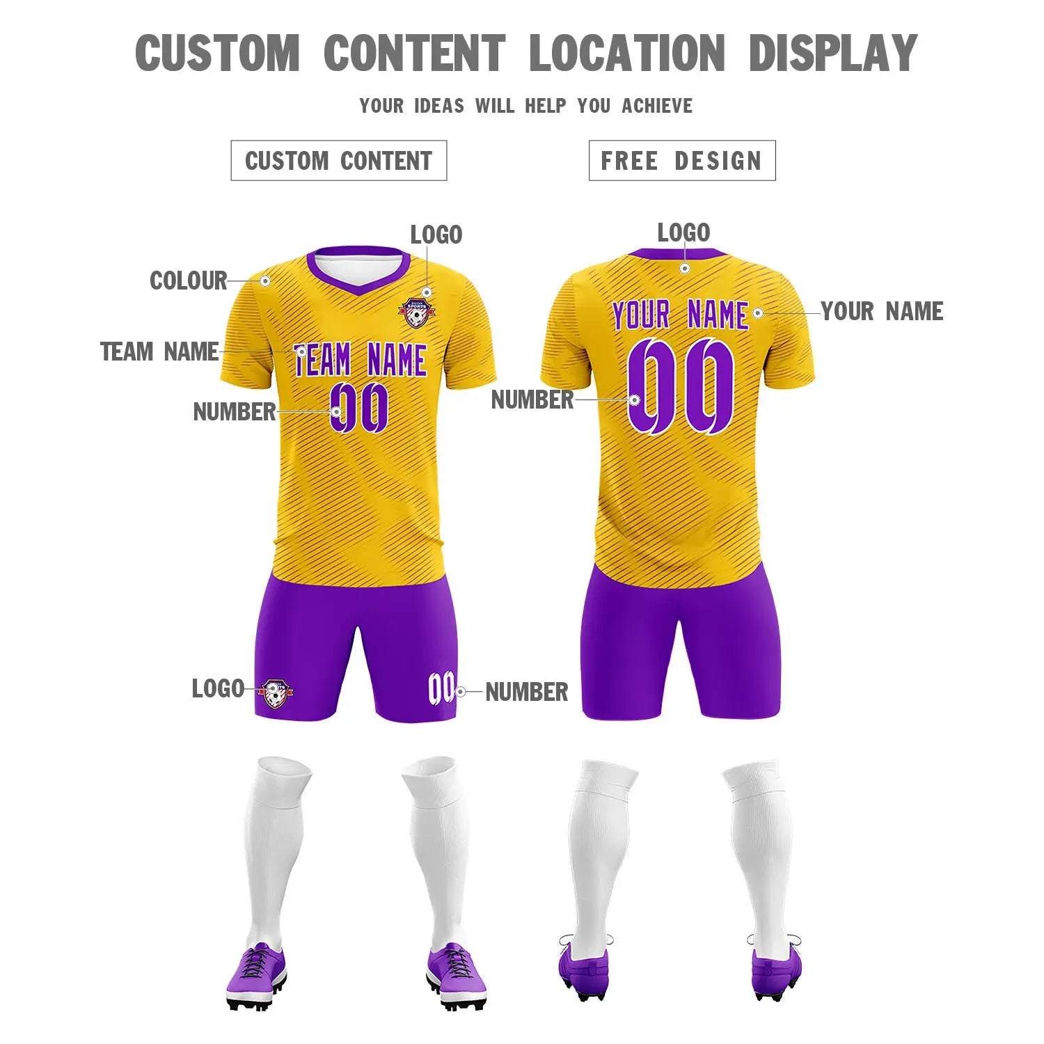 Custom Yellow Purple Training Uniform For Men Soccer Sets Jersey