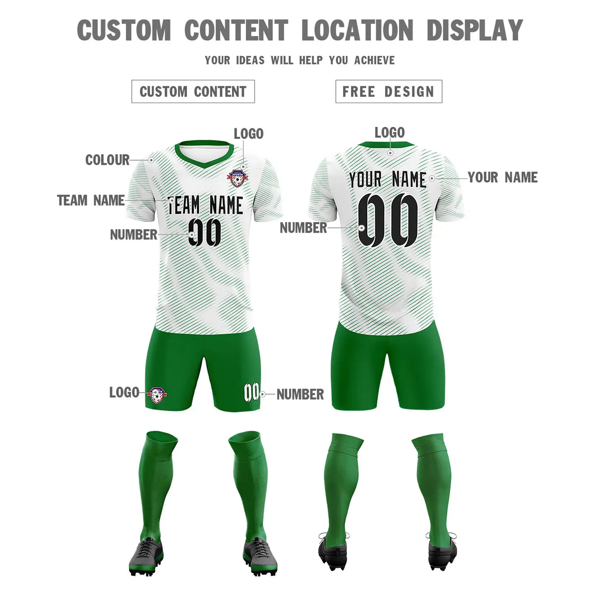 Custom White Kelly Green Training Uniform For Men Soccer Sets Jersey