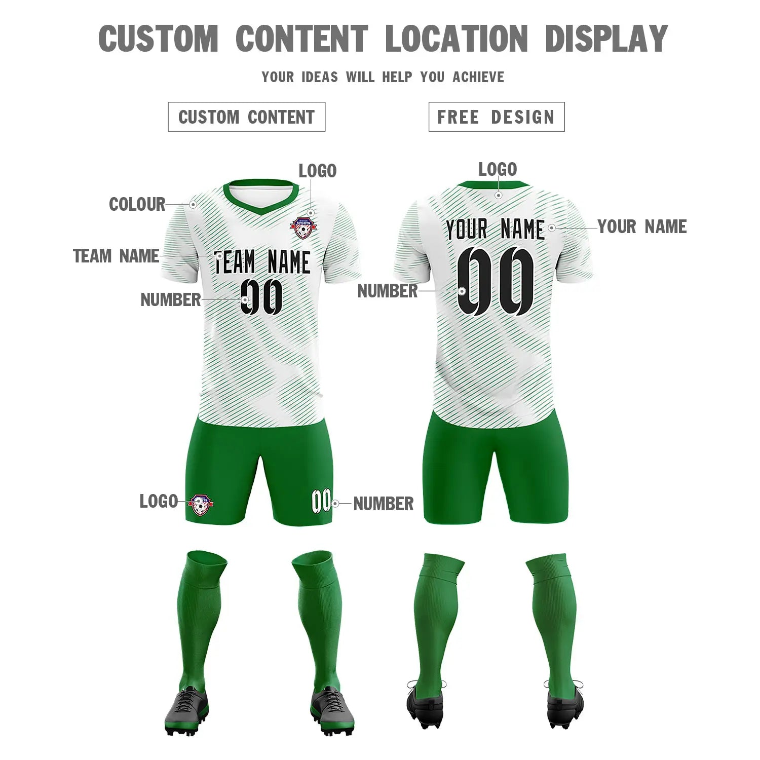Custom White Kelly Green Training Uniform For Men Soccer Sets Jersey