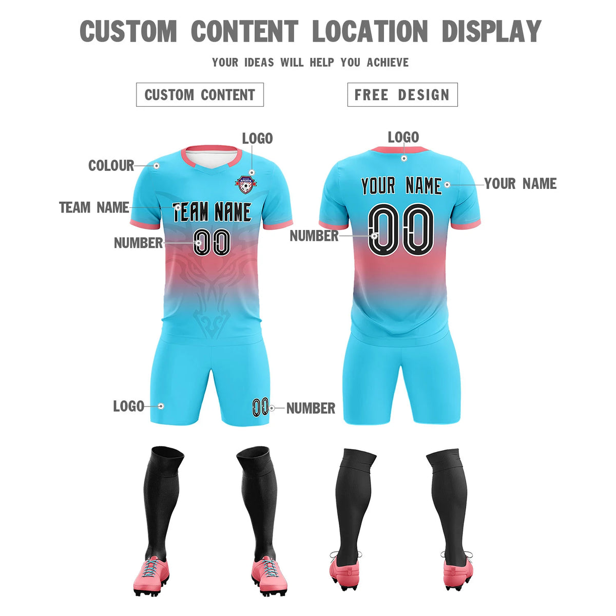 Custom Powder Blue Light Red Soft Training Uniform Soccer Sets Jersey