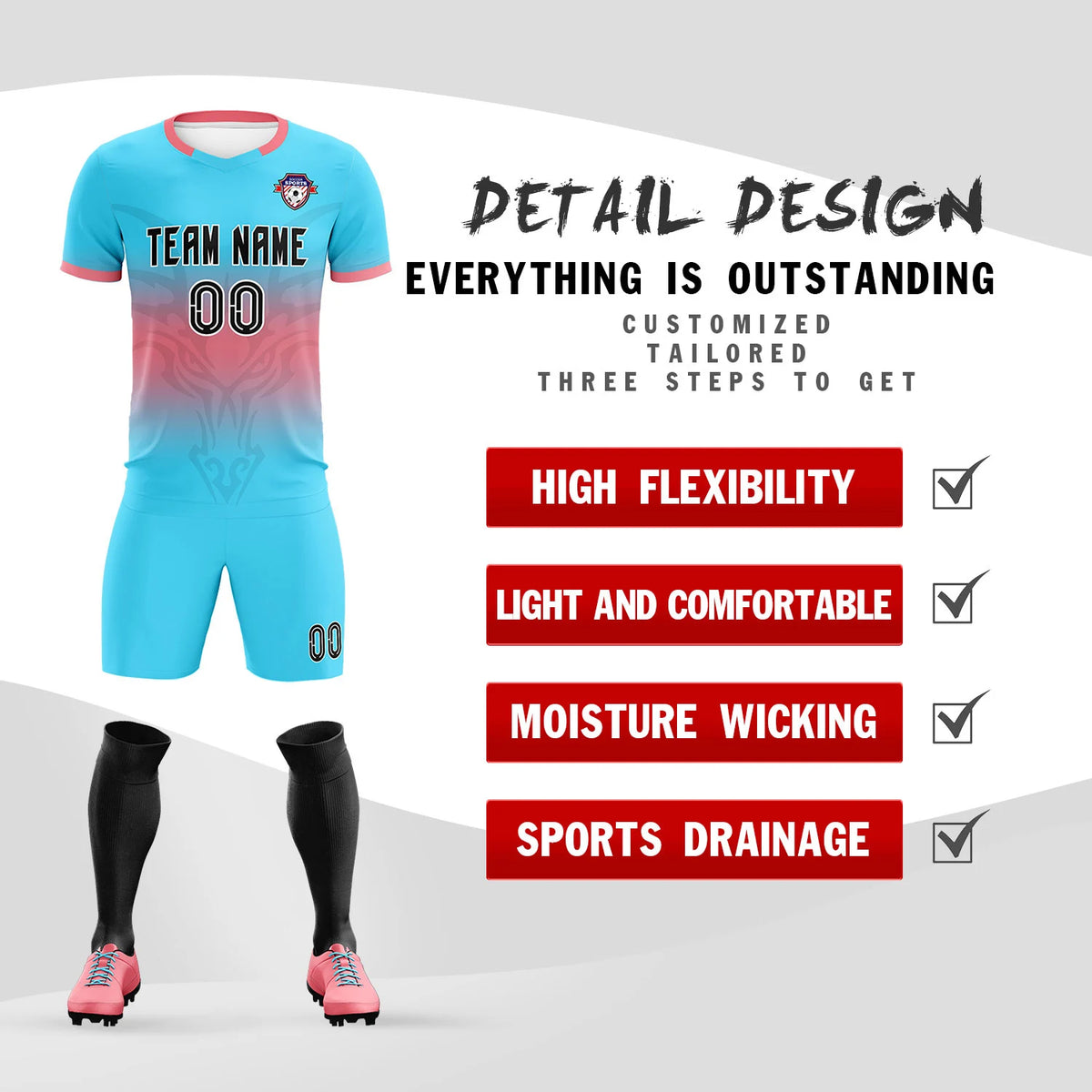 Custom Powder Blue Light Red Soft Training Uniform Soccer Sets Jersey