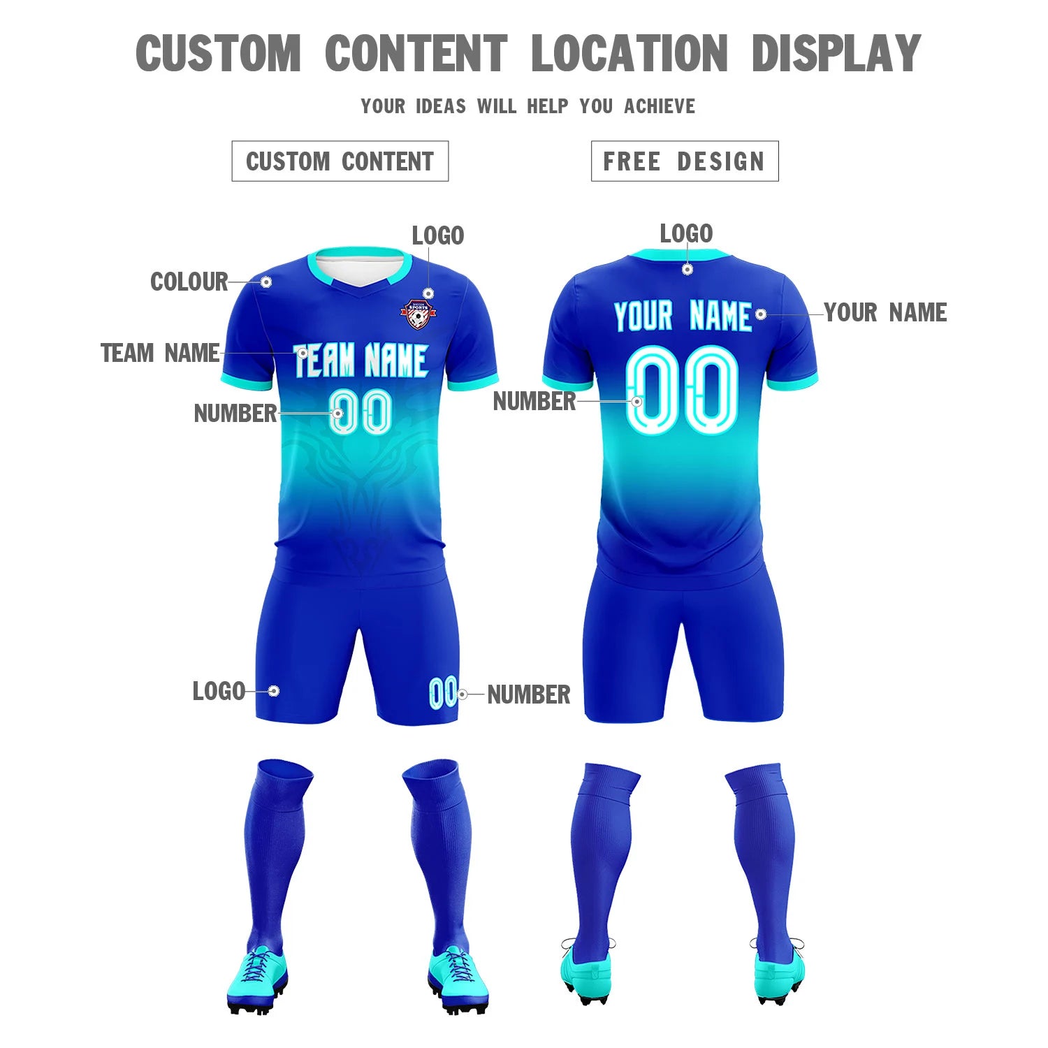 Custom Royal Blue Bright Green Soft Training Uniform Soccer Sets Jersey
