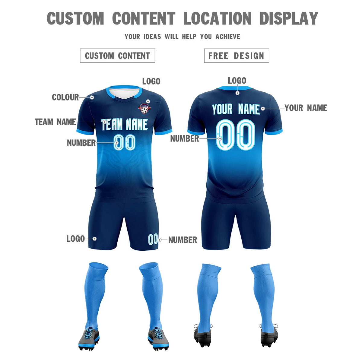 Custom Navy Powder Blue Soft Training Uniform Soccer Sets Jersey