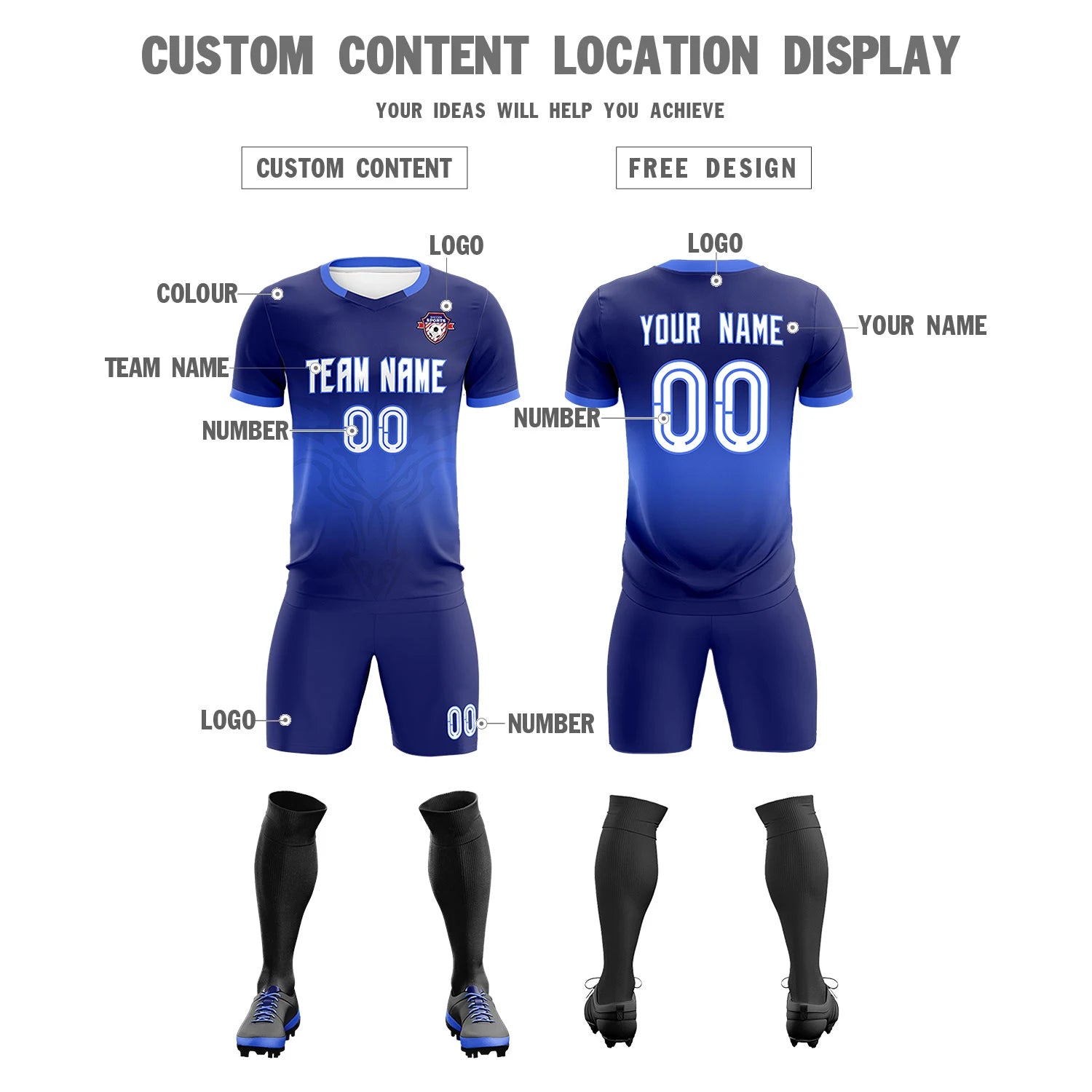 Custom Navy Royal Blue Soft Training Uniform Soccer Sets Jersey