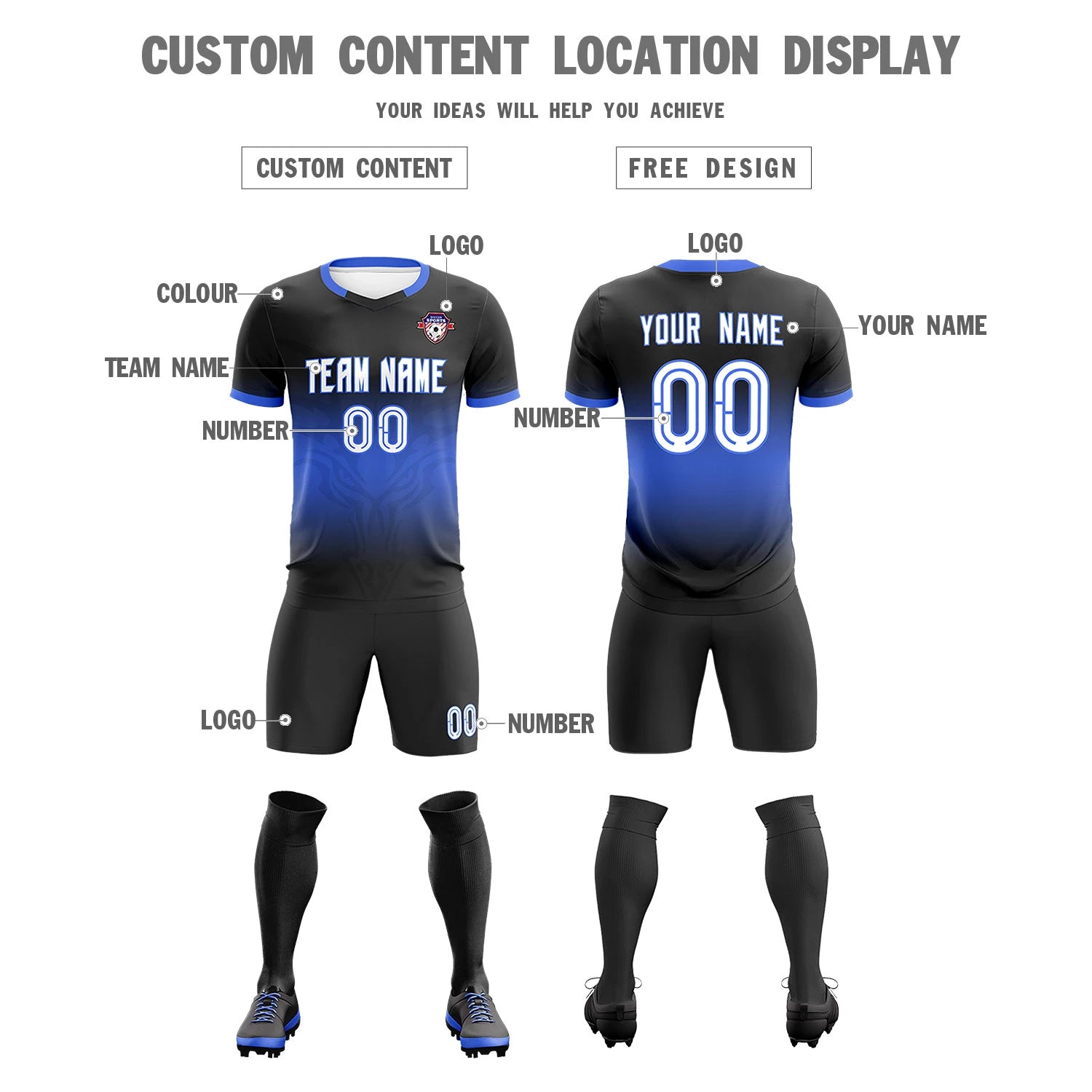 Custom Black Royal Blue Soft Training Uniform Soccer Sets Jersey