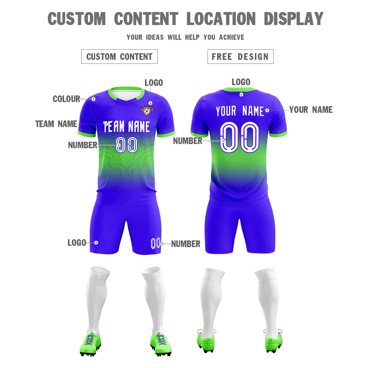 Custom Royal Blue Neon Green Soft Training Uniform Soccer Sets Jersey