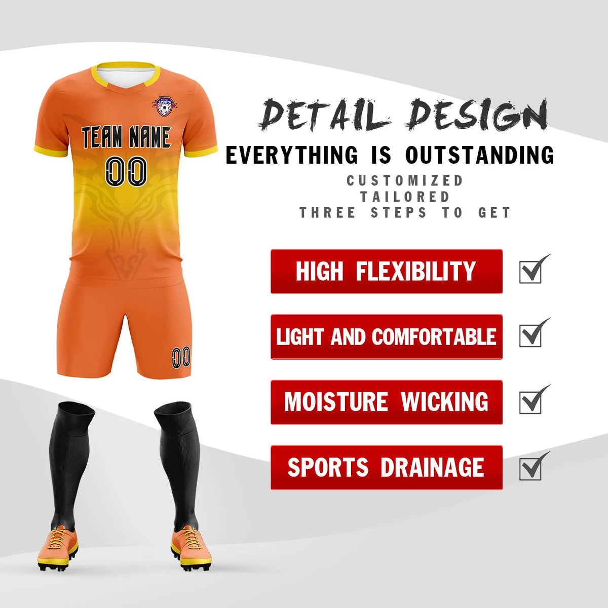 Custom Orange Yellow Soft Training Uniform Soccer Sets Jersey