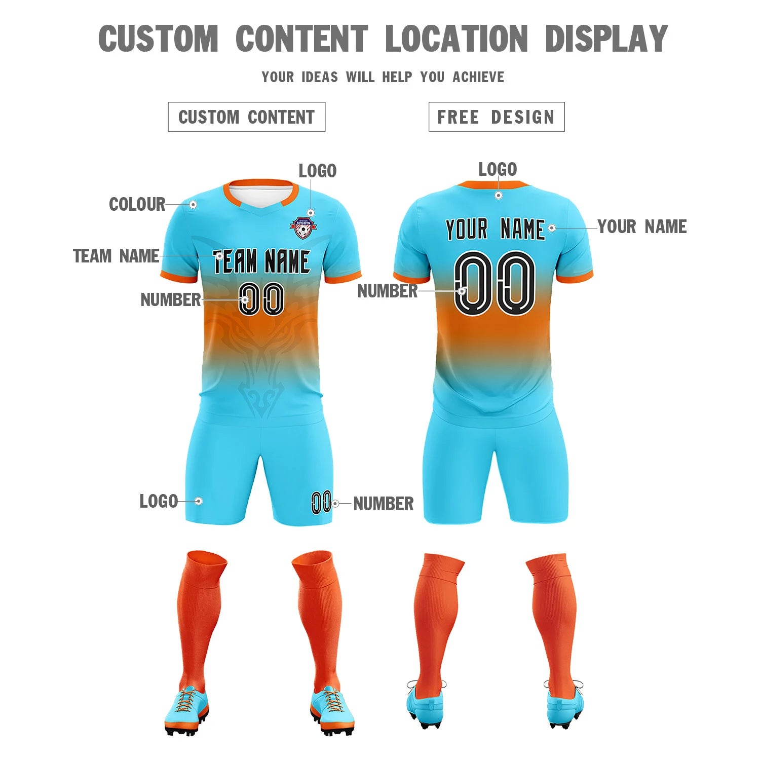 Custom Aqua Orange Soft Training Uniform Soccer Sets Jersey