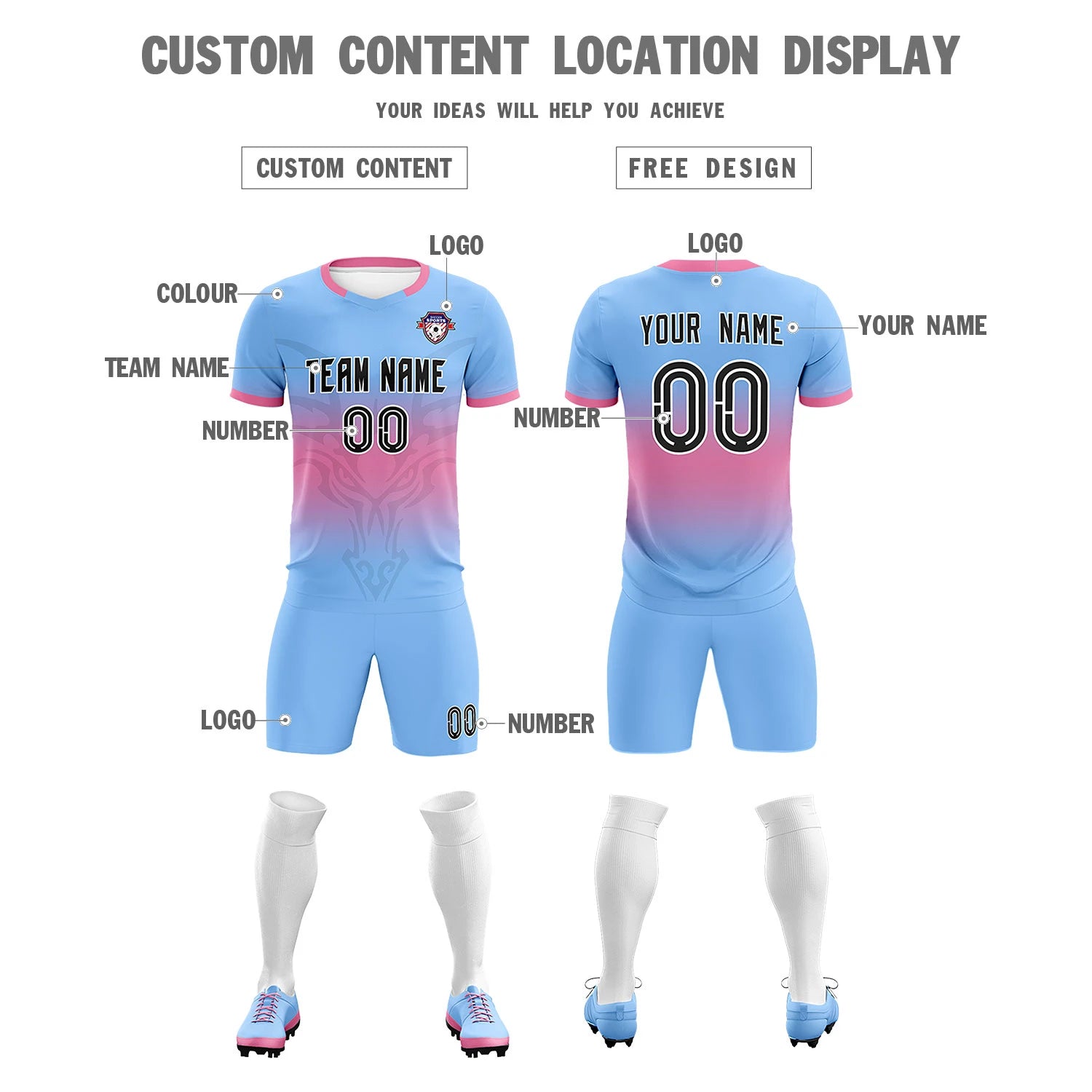 Custom Light Blue Pink Soft Training Uniform Soccer Sets Jersey