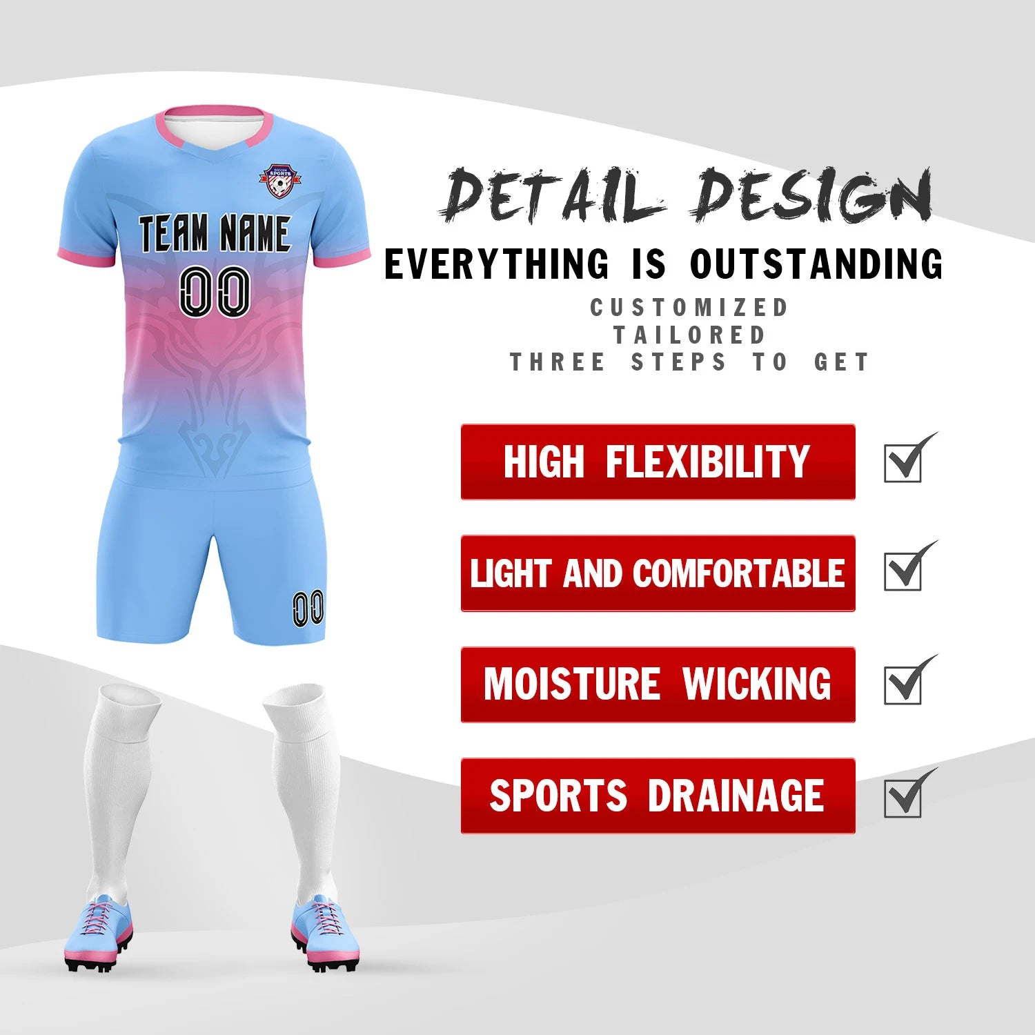 Custom Light Blue Pink Soft Training Uniform Soccer Sets Jersey